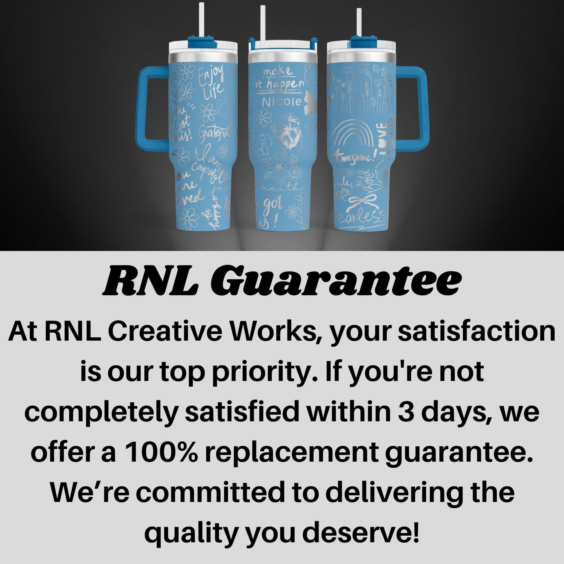 three blue travel mugs with writing on them