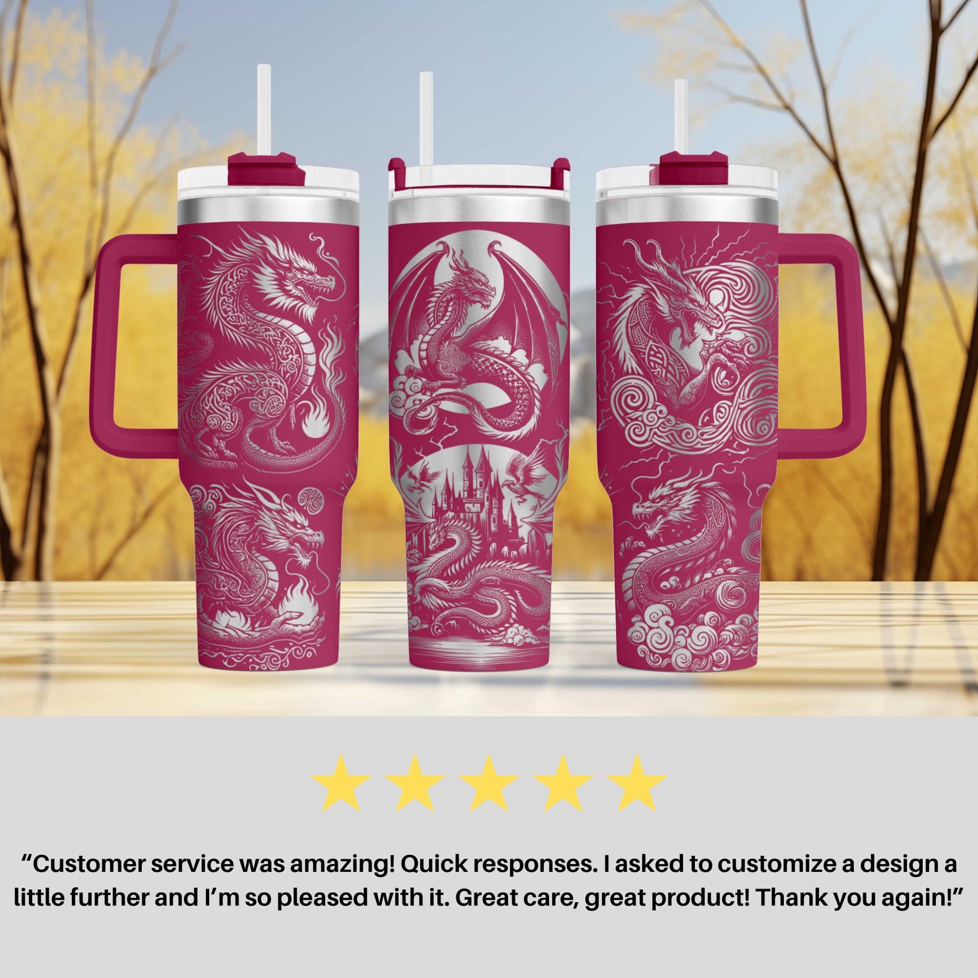 a set of three travel mugs sitting on top of a table