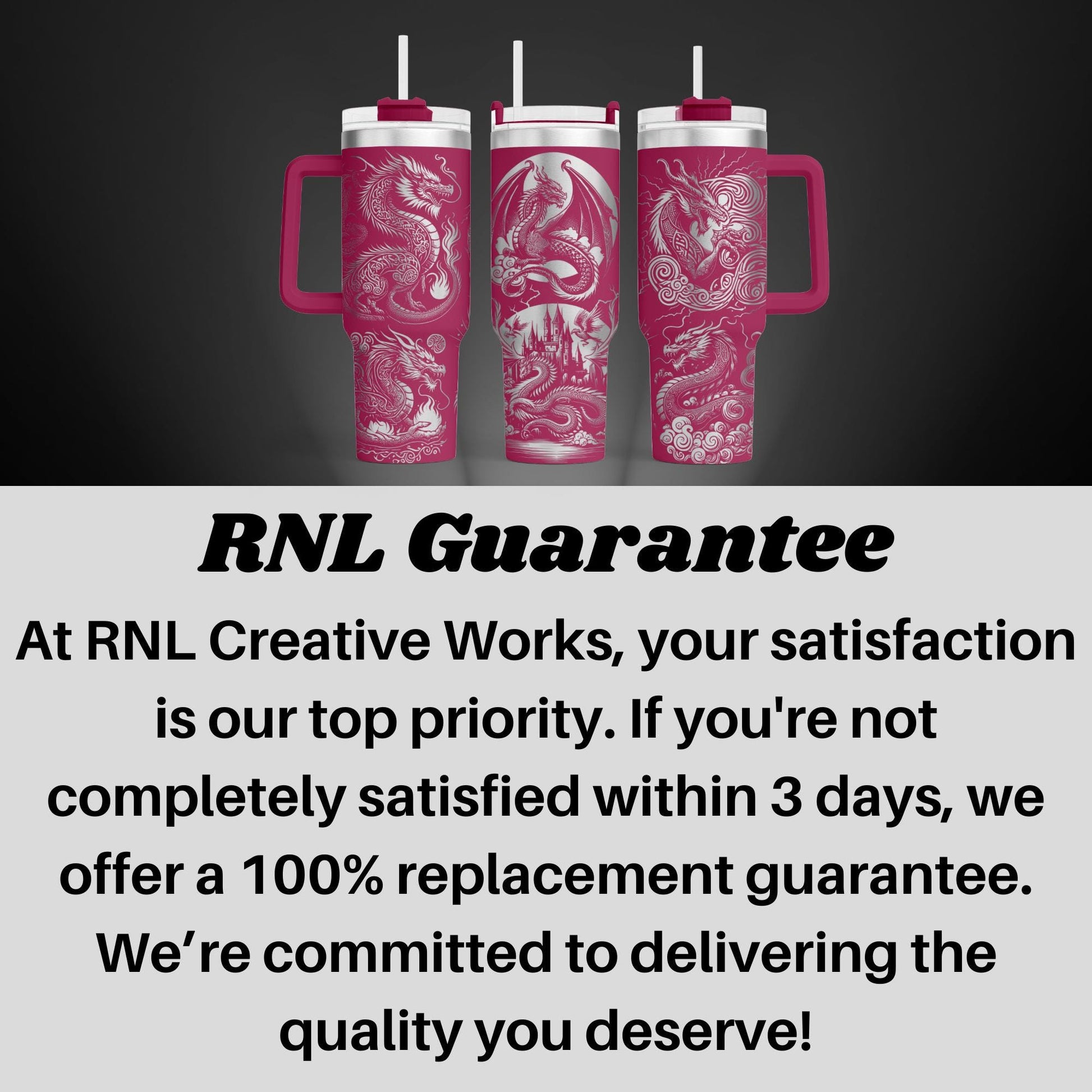 three pink mugs with the words rni guarantee