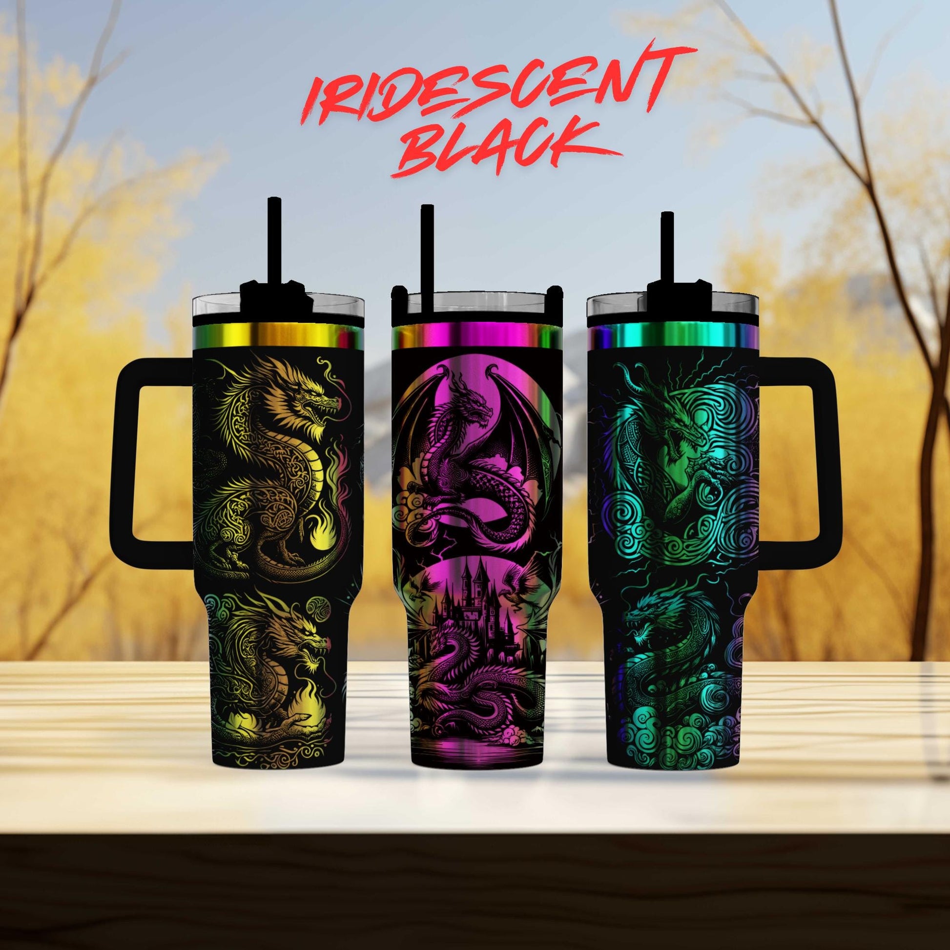 three different colored tumblers sitting on top of a table