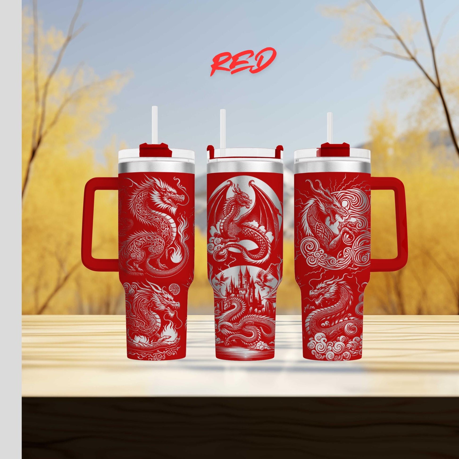 three red tumblers with dragon designs on them