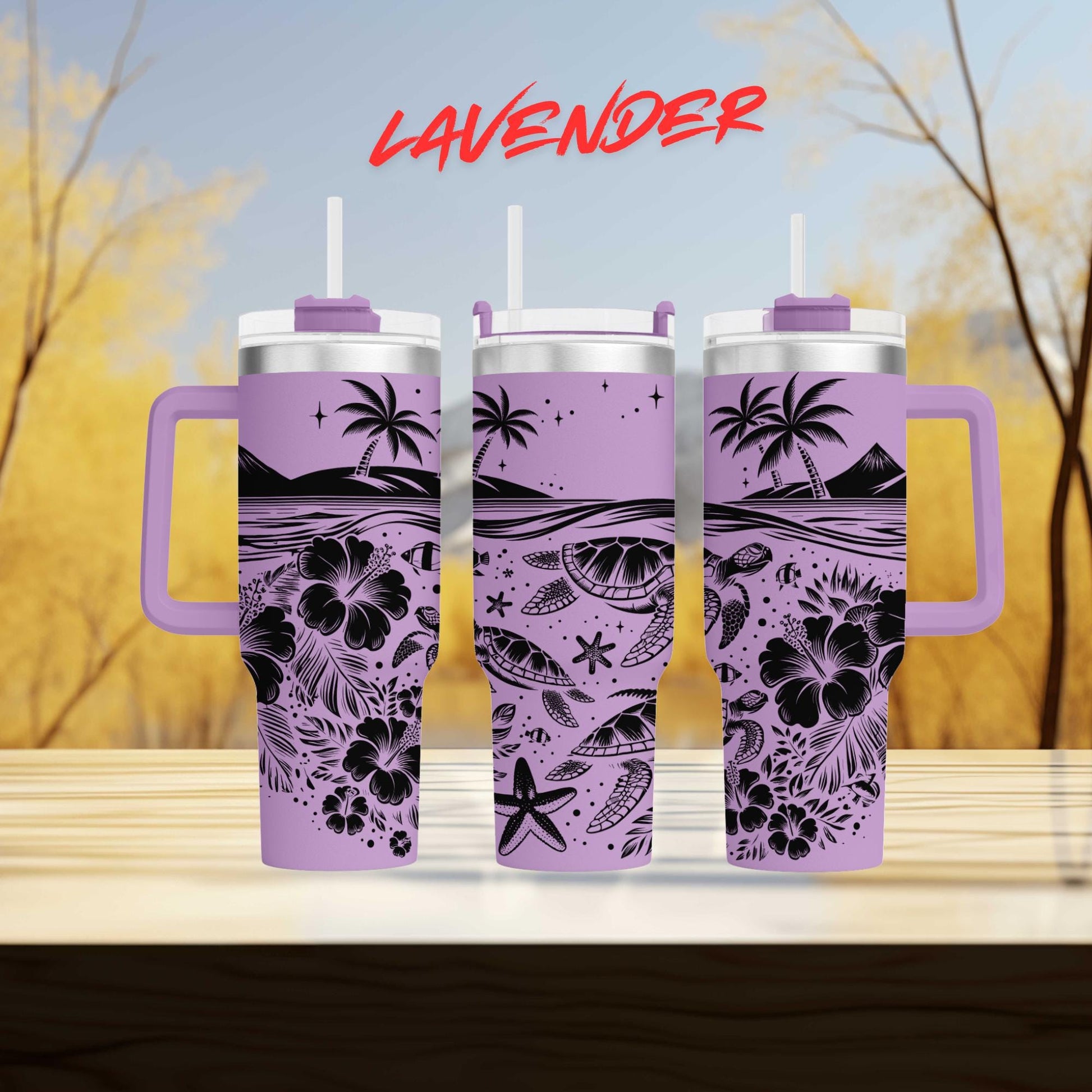 a couple of purple cups sitting on top of a wooden table