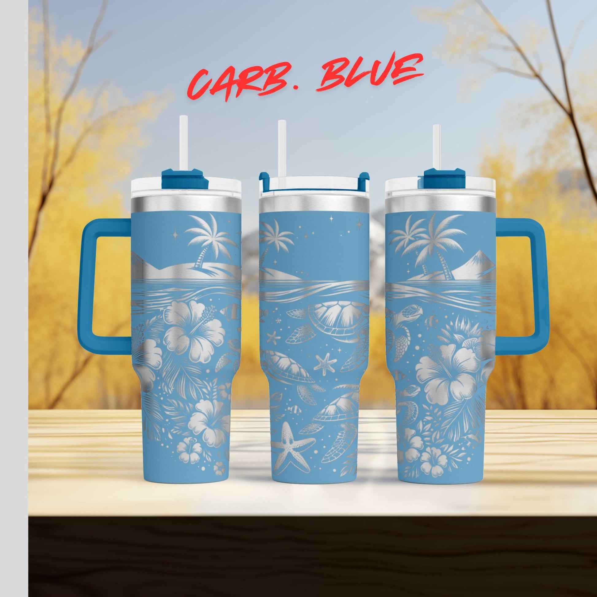 a couple of blue cups sitting on top of a wooden table