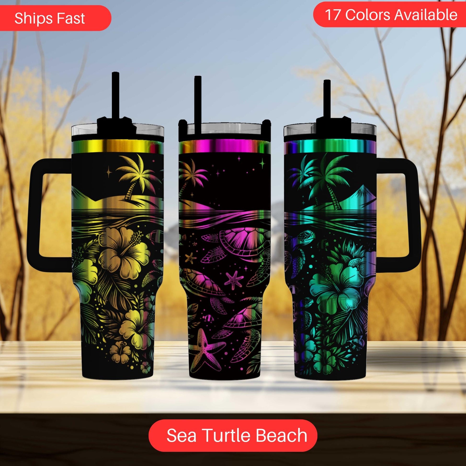 a set of three colorful tumblers sitting on top of a table