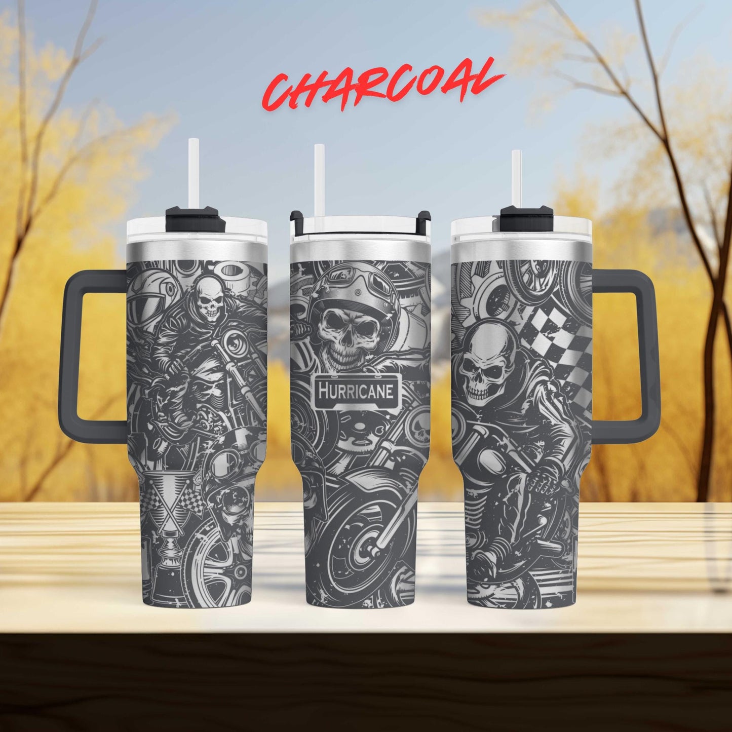 three travel mugs sitting on top of a wooden table