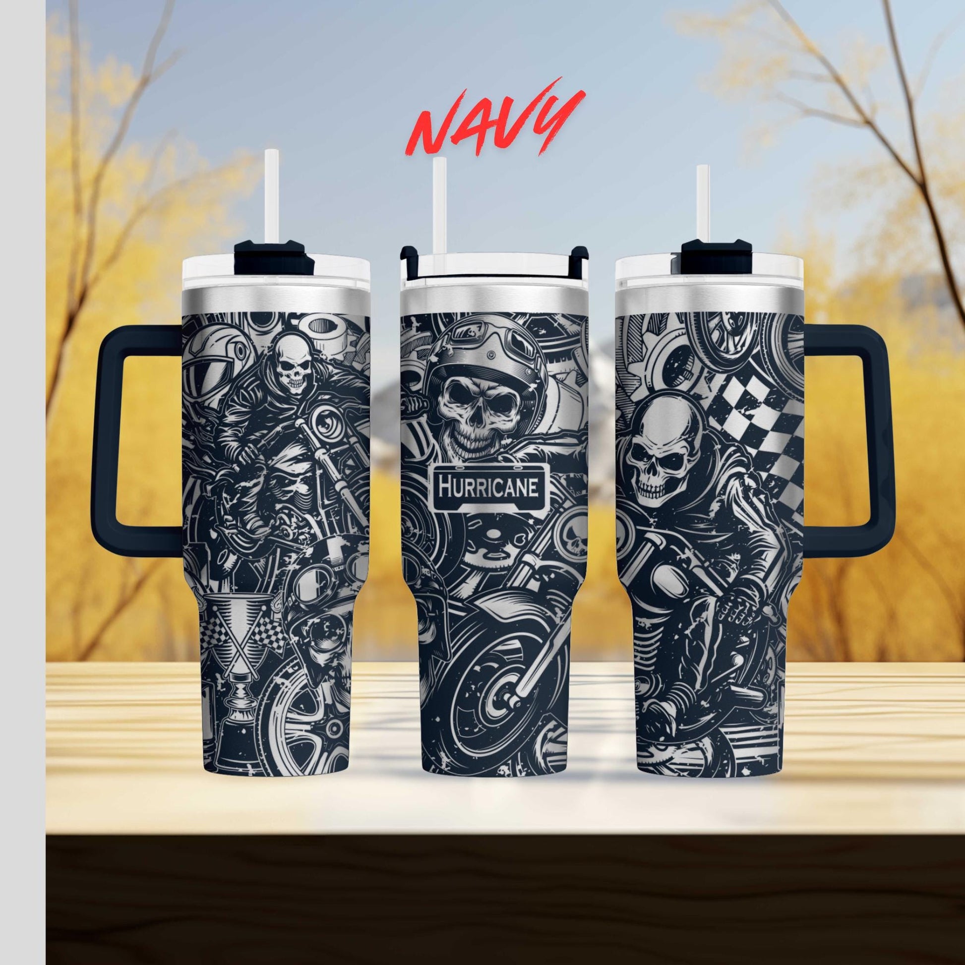 a couple of cups sitting on top of a wooden table