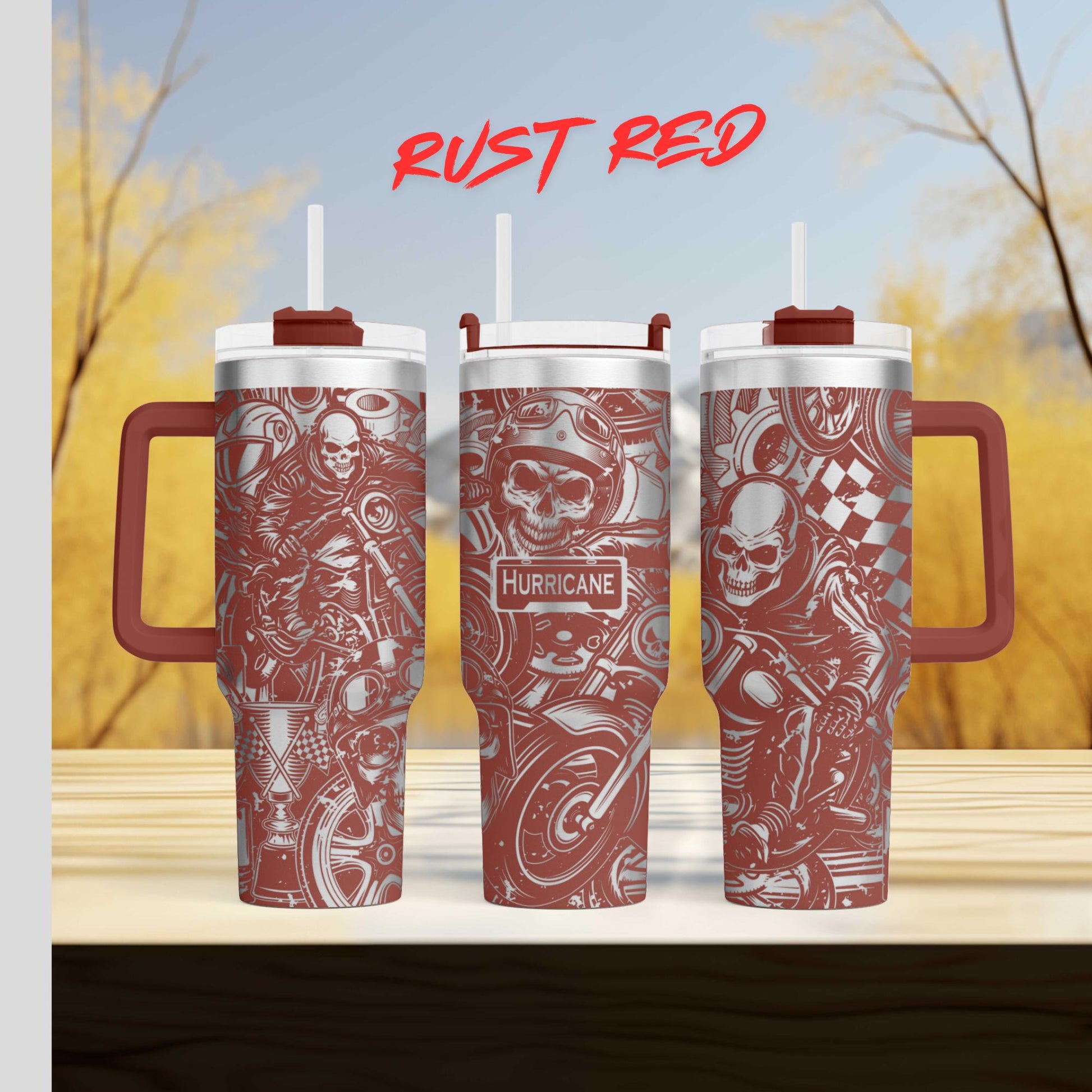 three red coffee mugs sitting on top of a wooden table