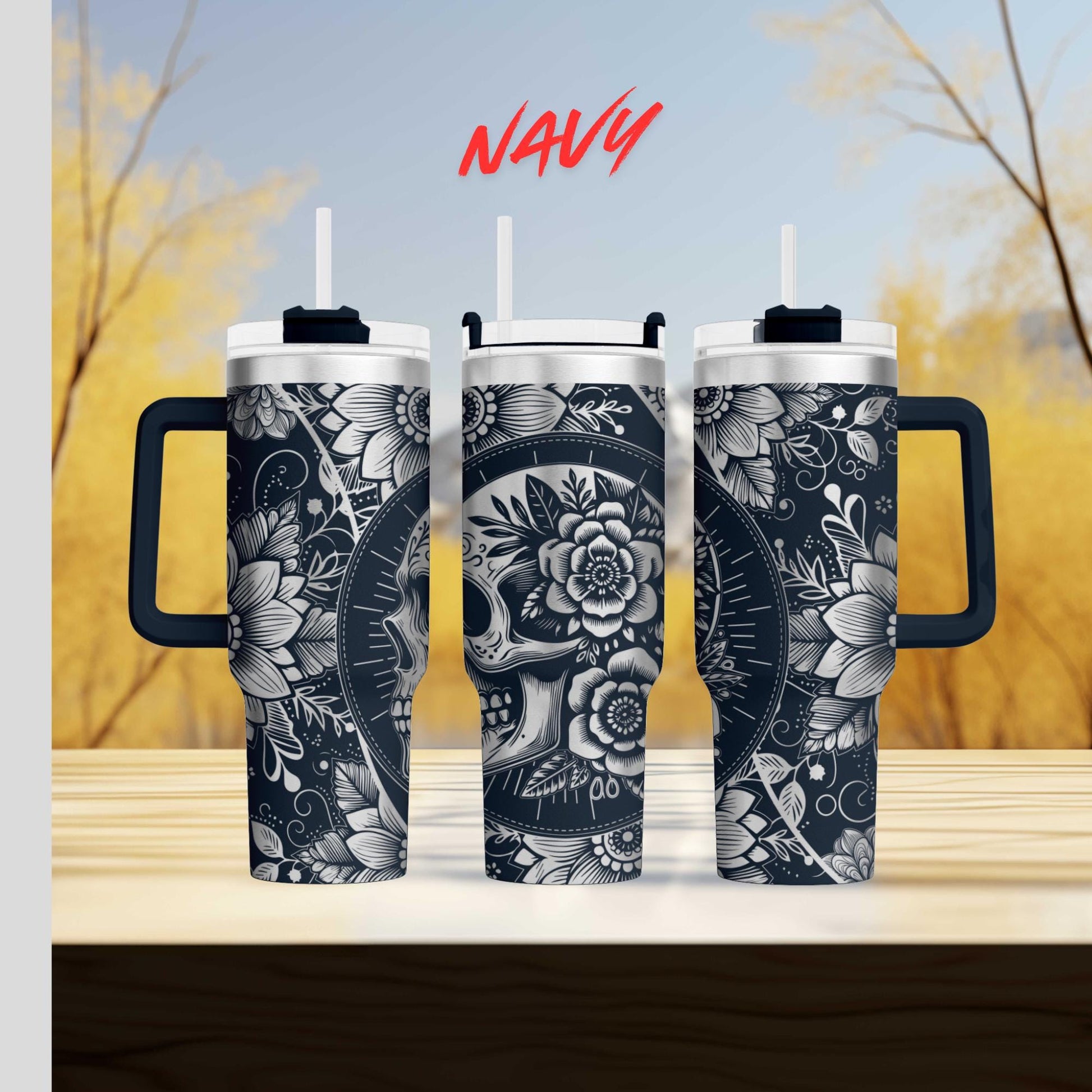 a couple of cups sitting on top of a wooden table