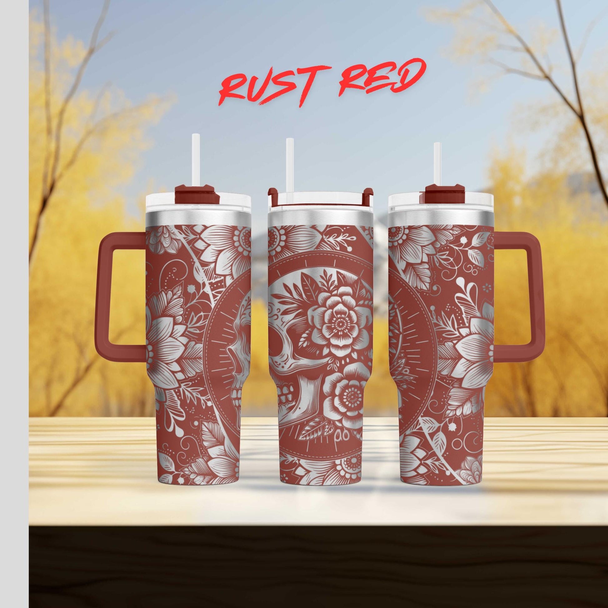 three red and white coffee mugs sitting on top of a wooden table