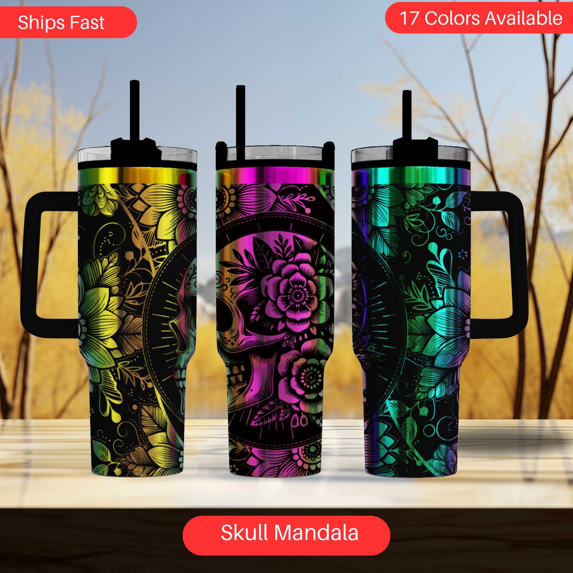 a set of three colorful tumblers sitting on top of a table