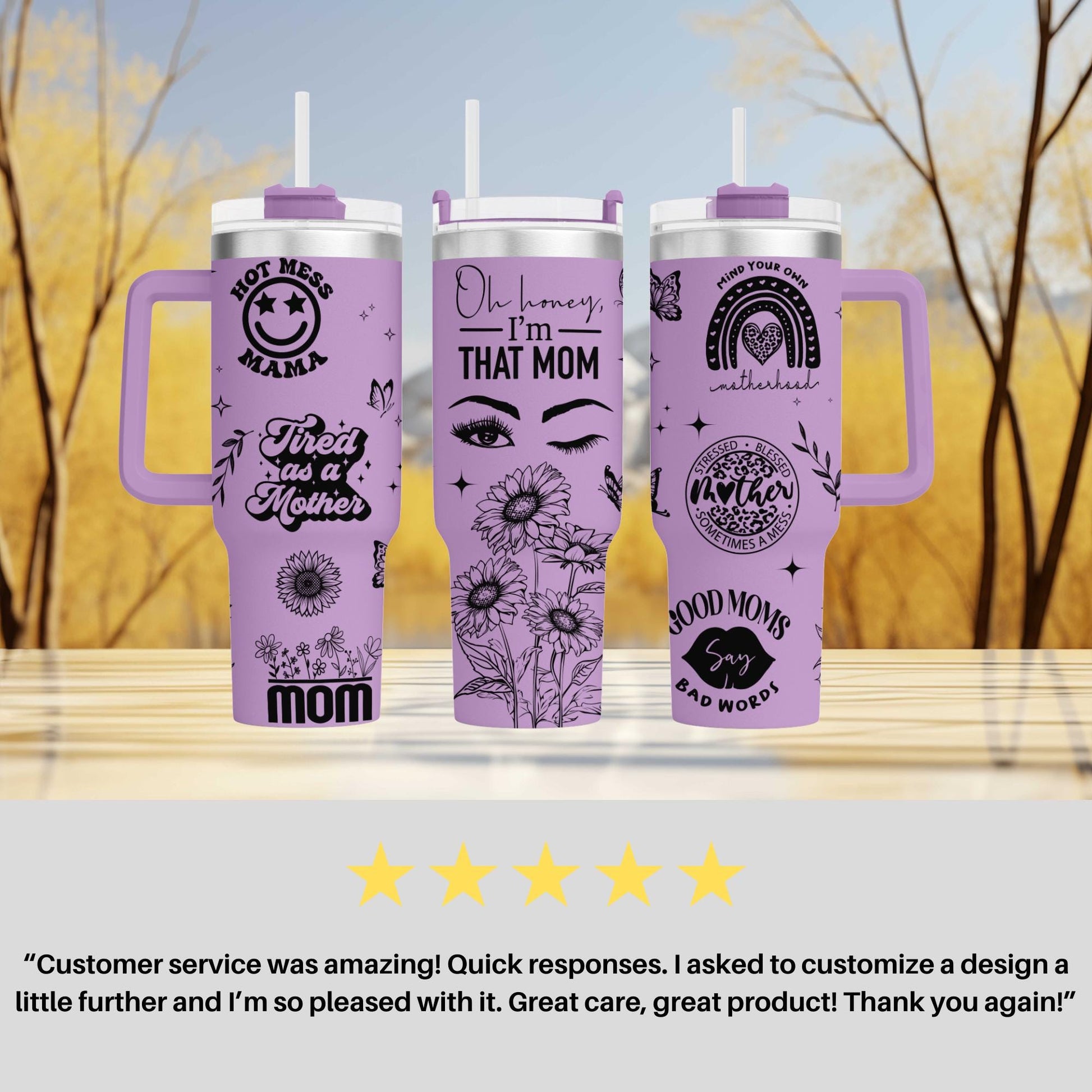 a purple tumbler with a picture of a woman's face on it