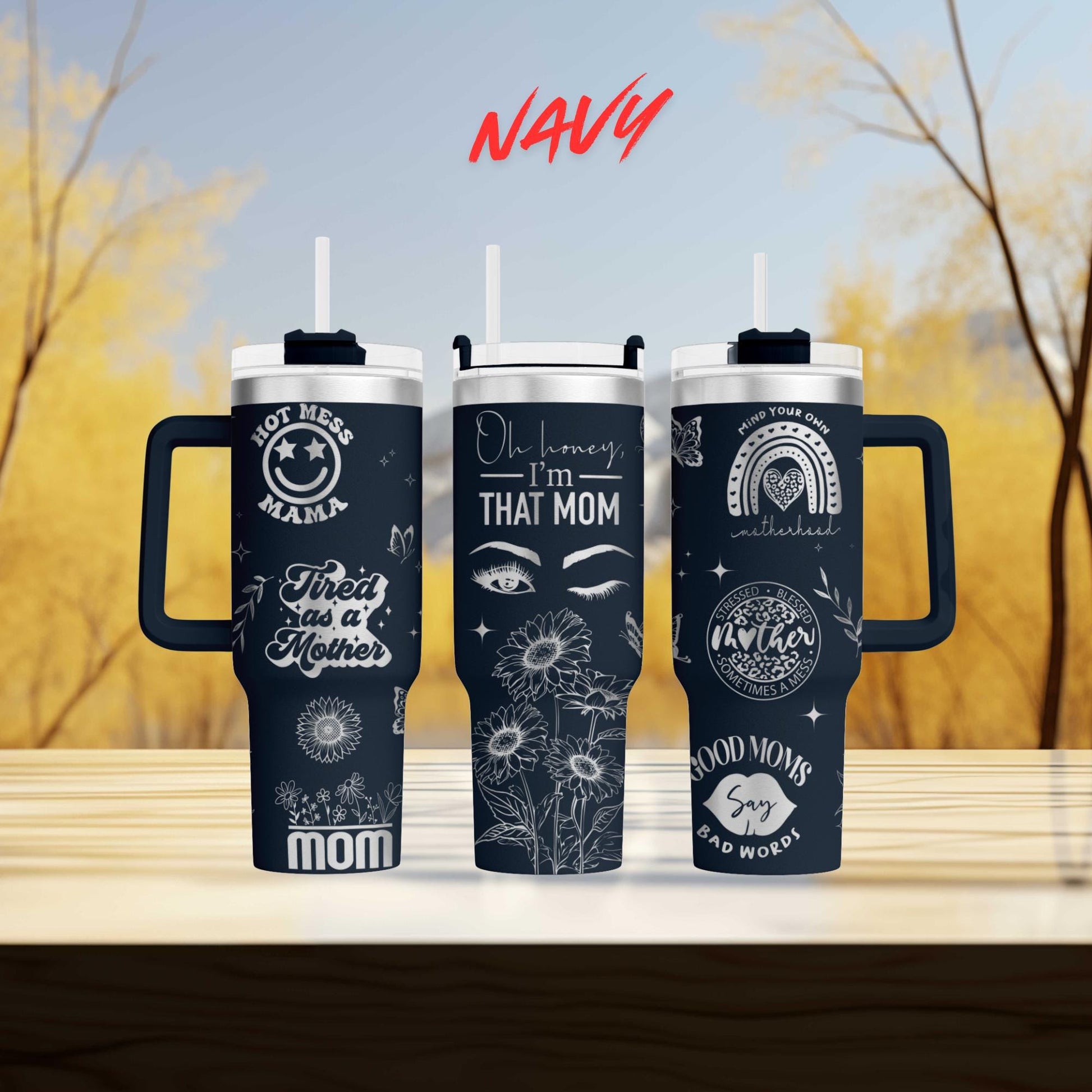 a couple of cups sitting on top of a wooden table