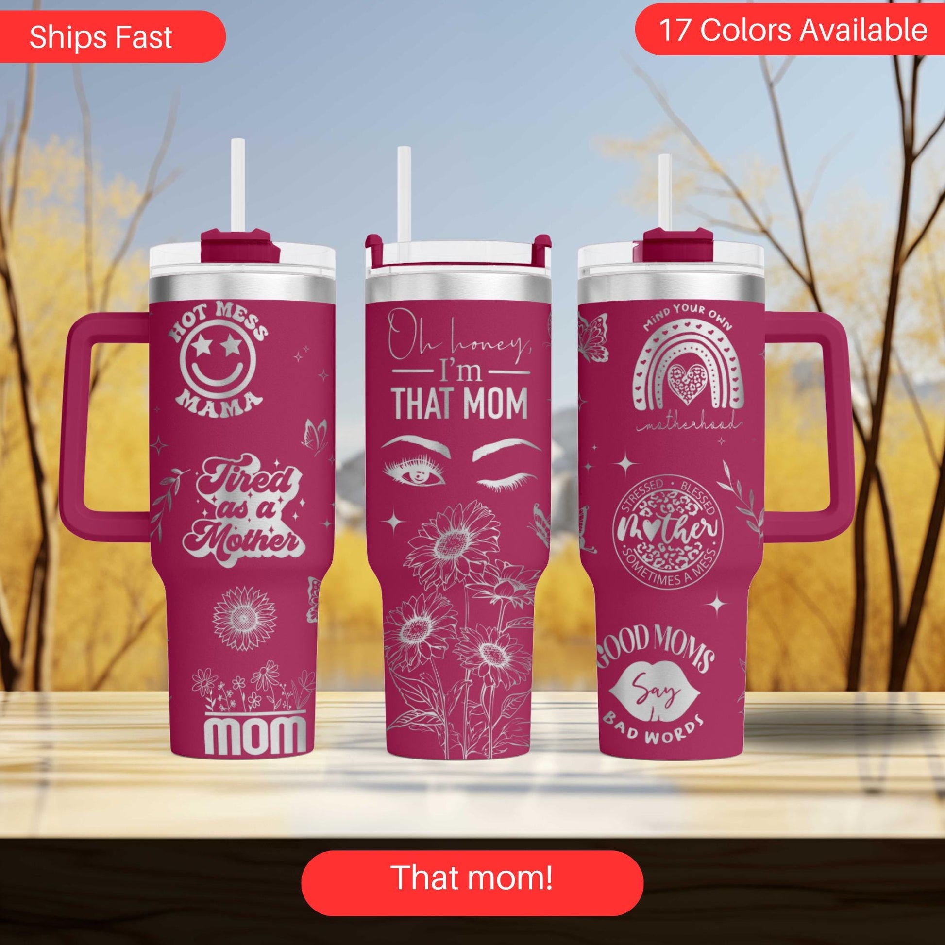 a couple of pink coffee mugs sitting on top of a table