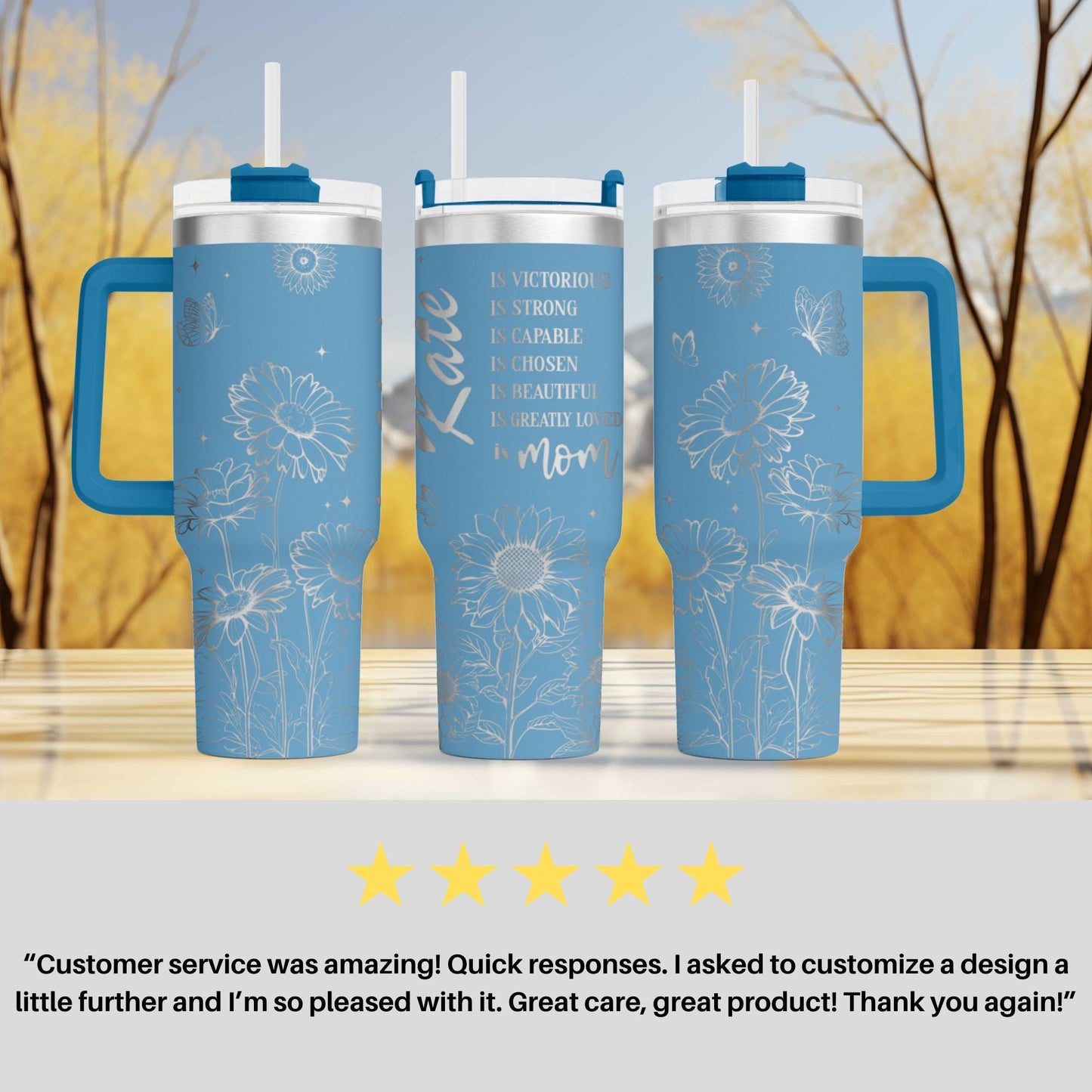 a couple of blue tumblers sitting on top of a table