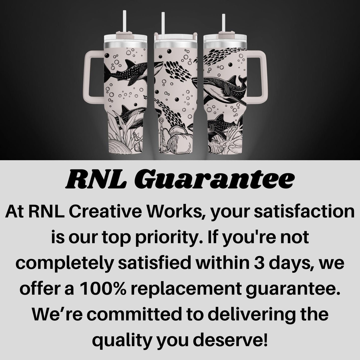 a black and white photo of three mugs with the words rni guarantee
