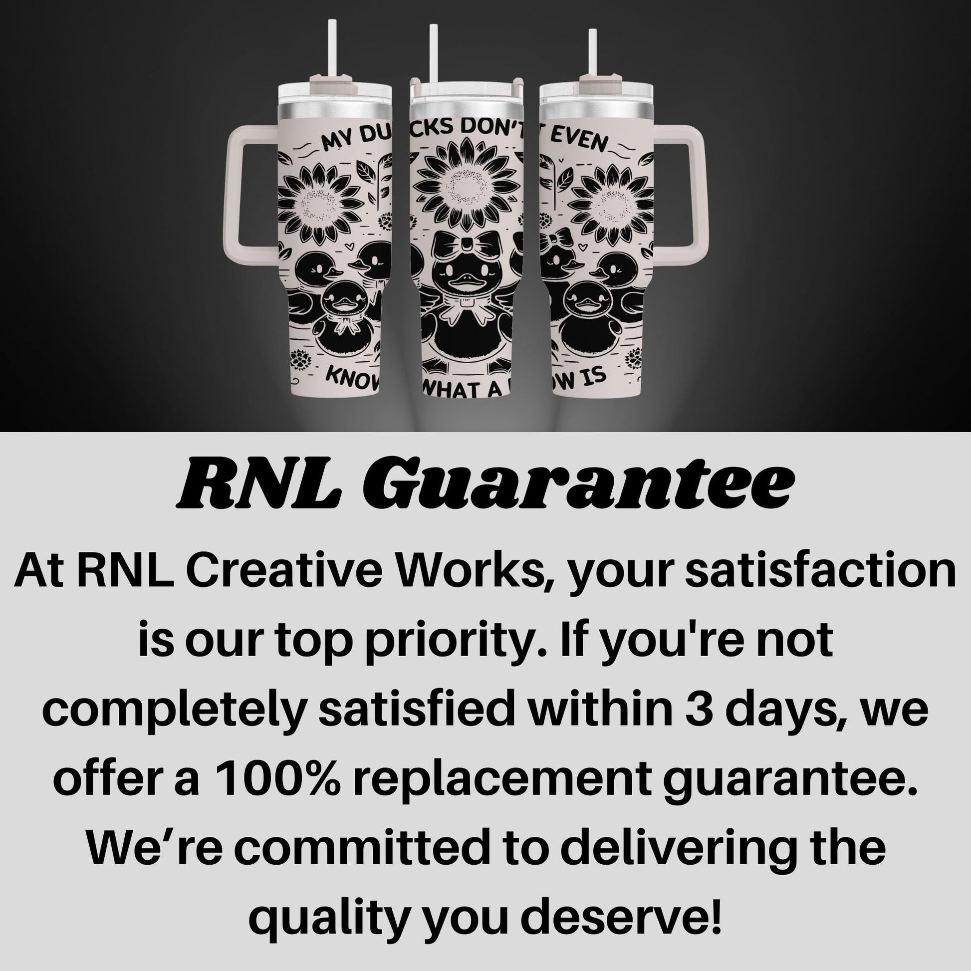 a black and white photo of three bottles of ril guarantee