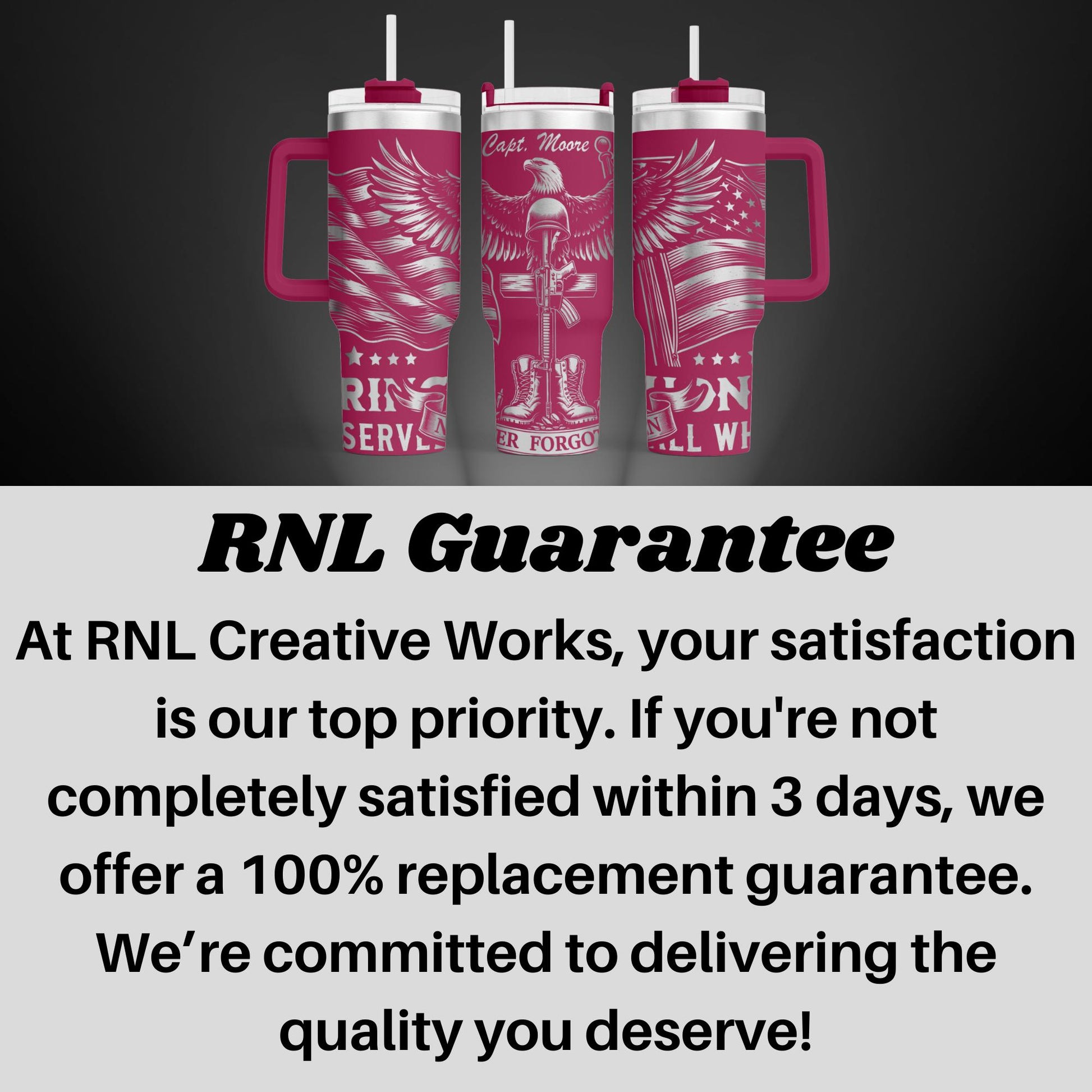 three red travel mugs with the words rni guarantee