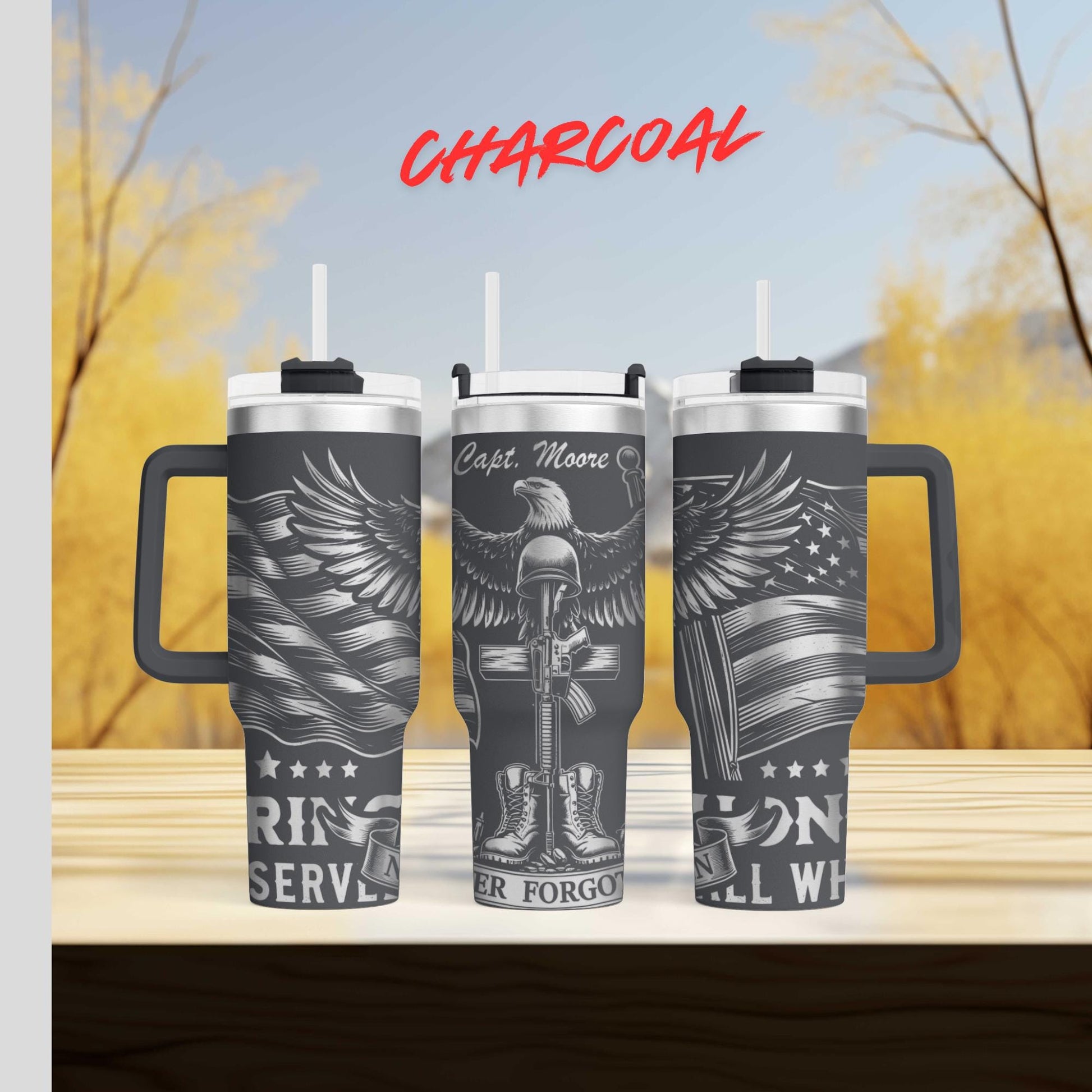 two travel mugs with the same design on them