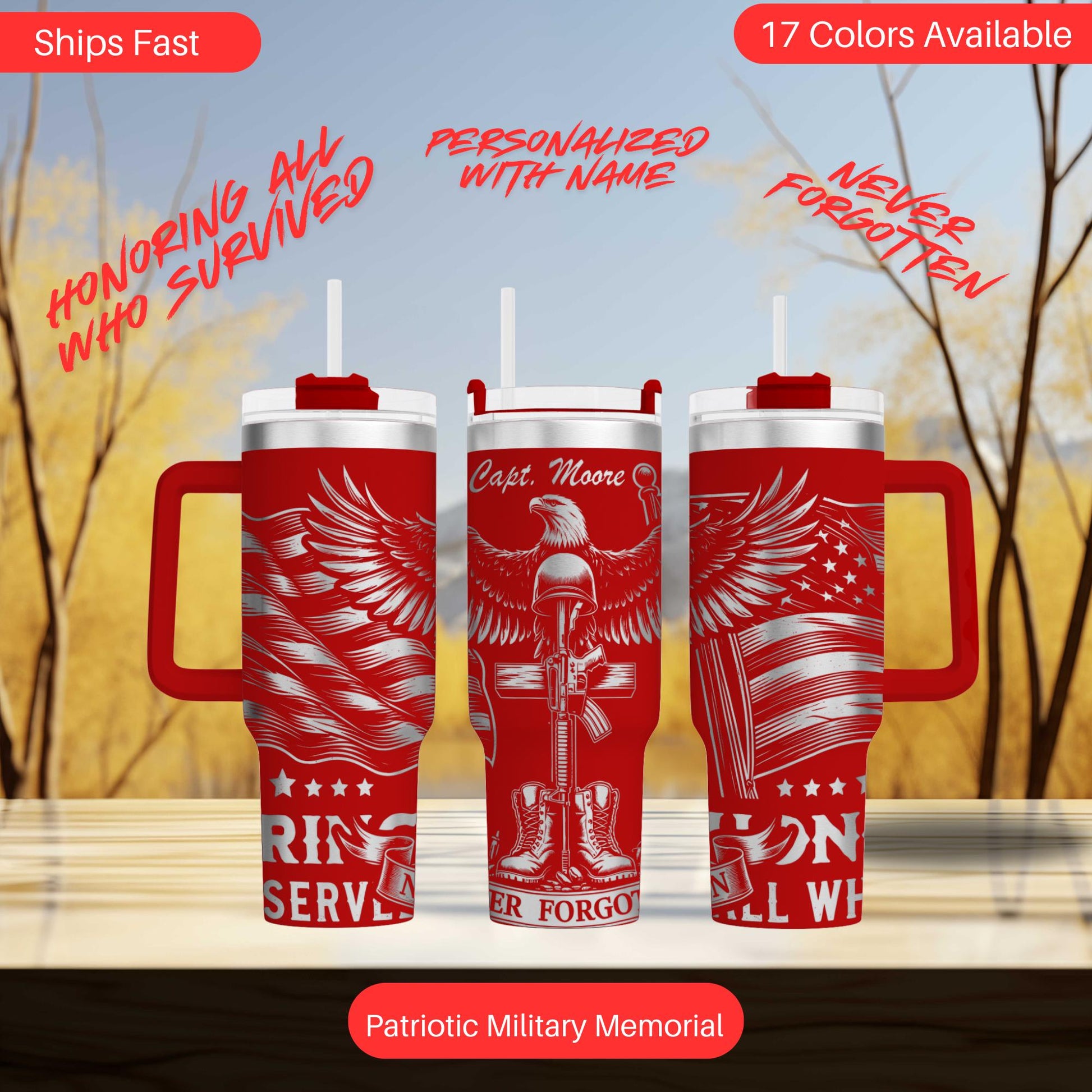 a set of three red travel mugs on a window sill