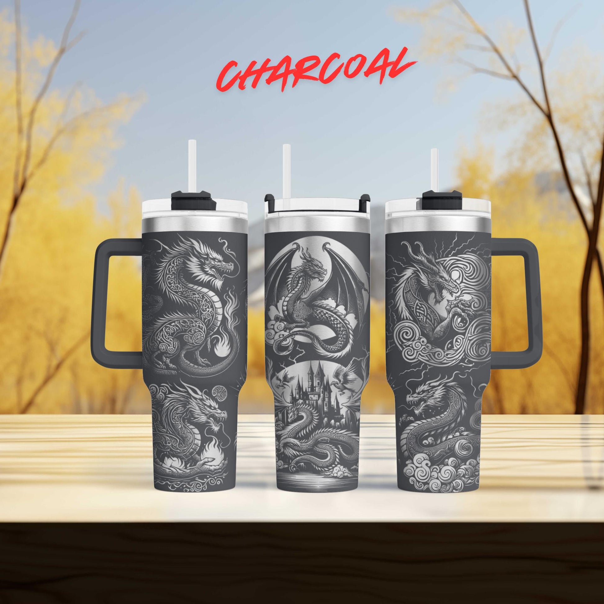 three travel mugs sitting on top of a wooden table
