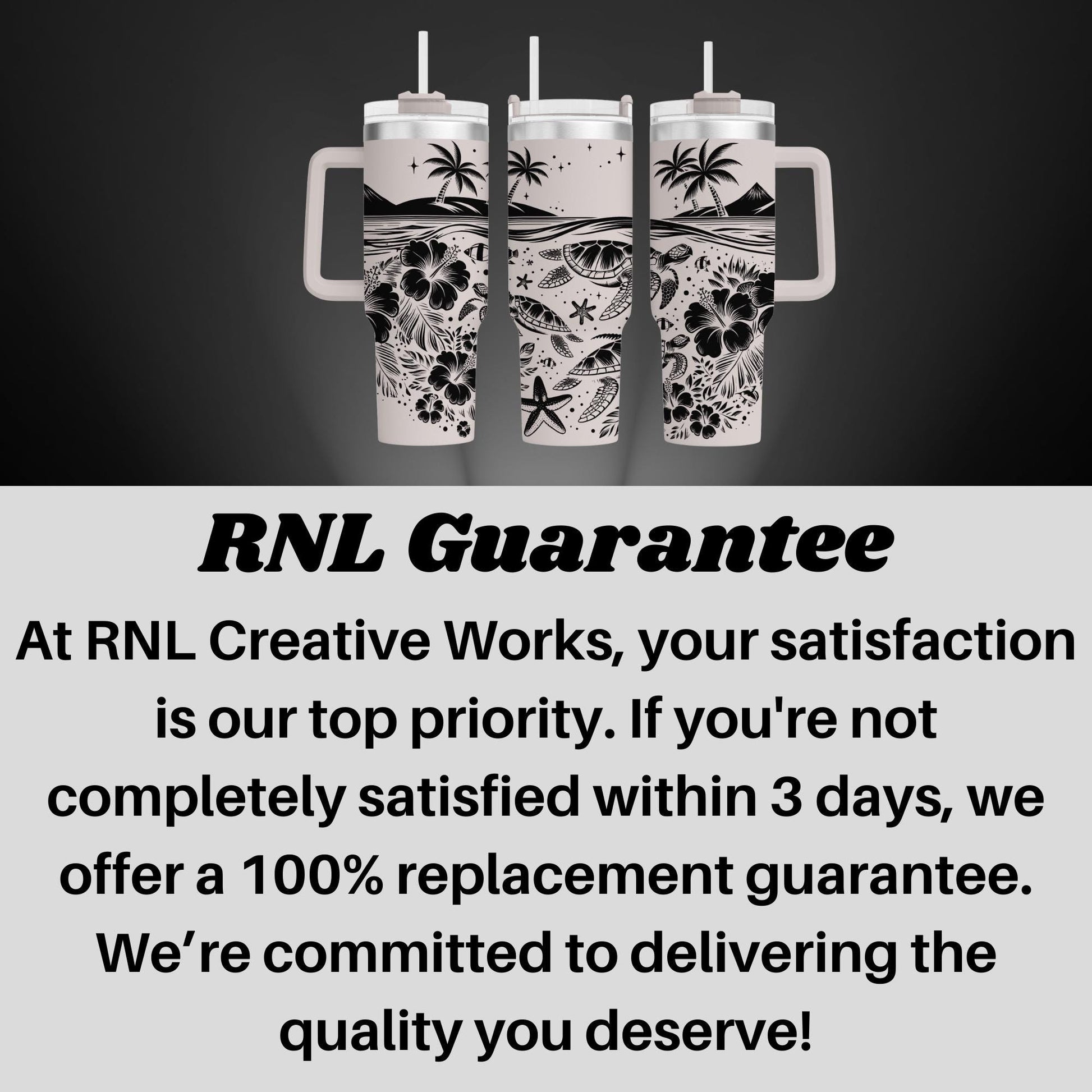 a black and white photo with a caption that says rnl guarantee