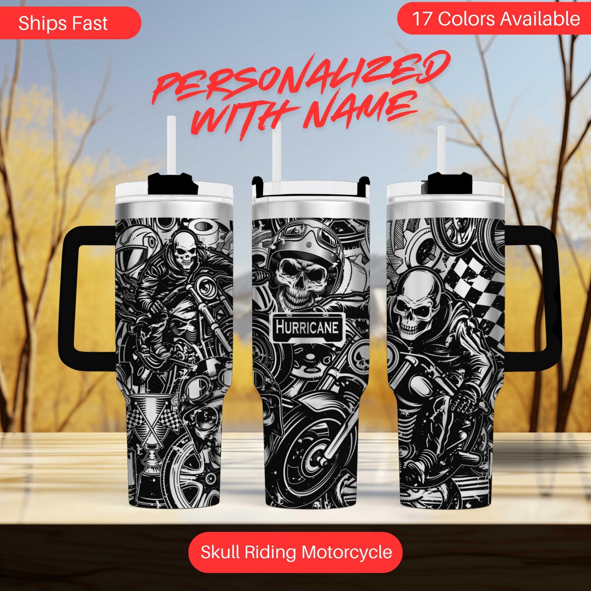 a set of three travel mugs with a skull design