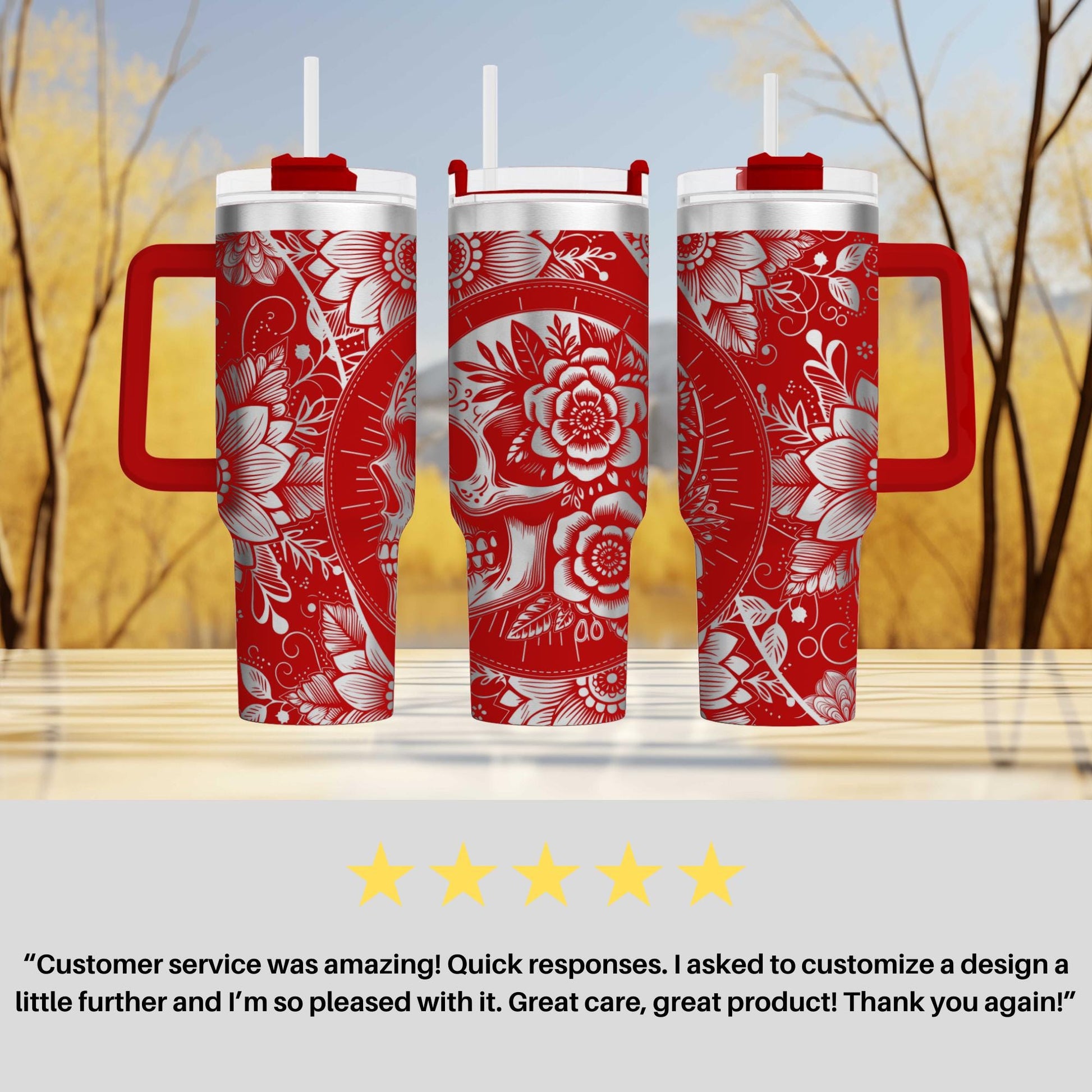 three red and white tumblers sitting on top of a table