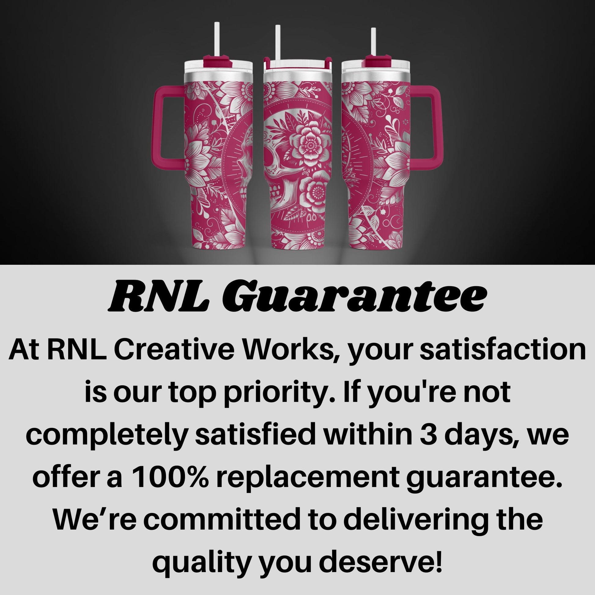 three pink mugs with the words rni guarantee