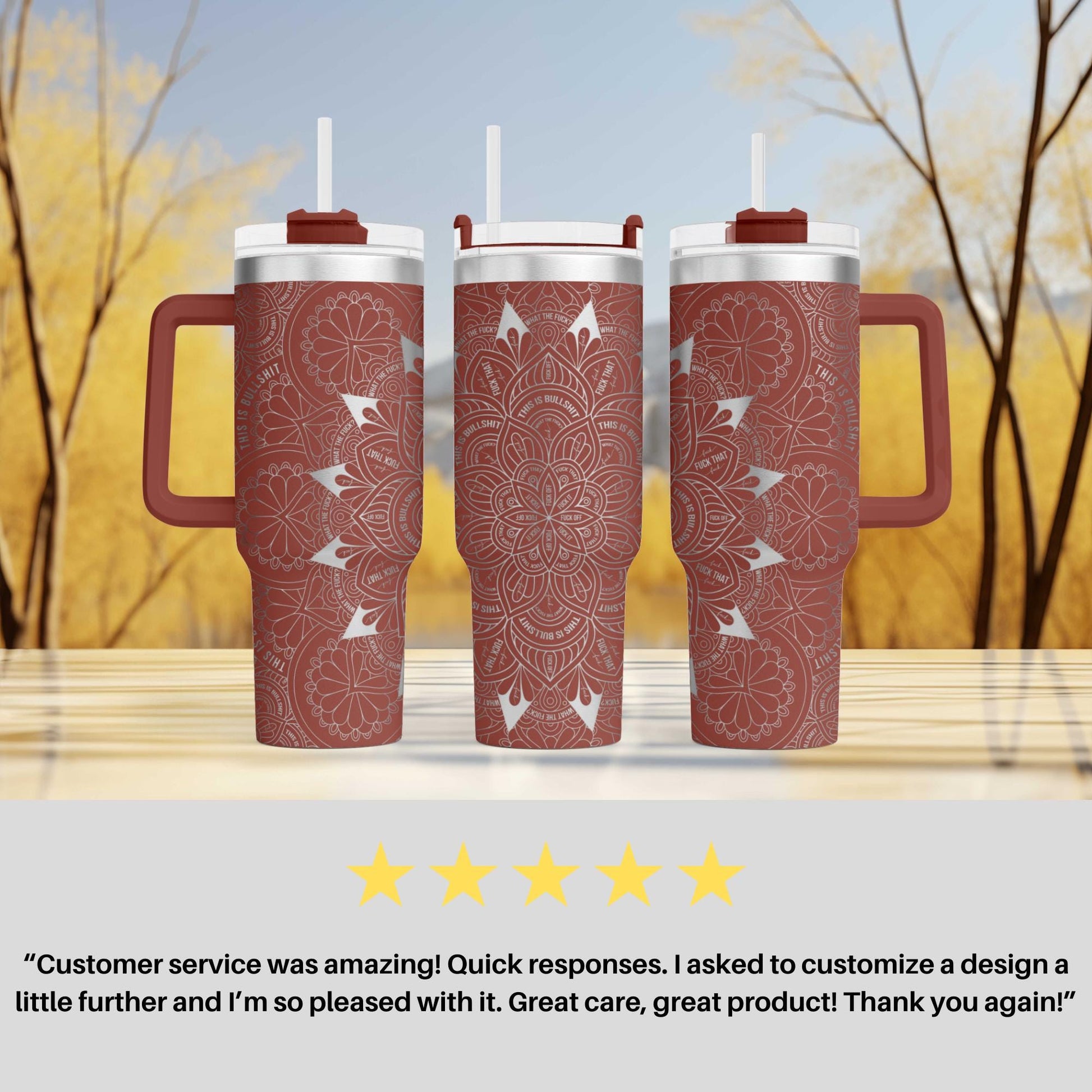 three red coffee mugs sitting on top of a table