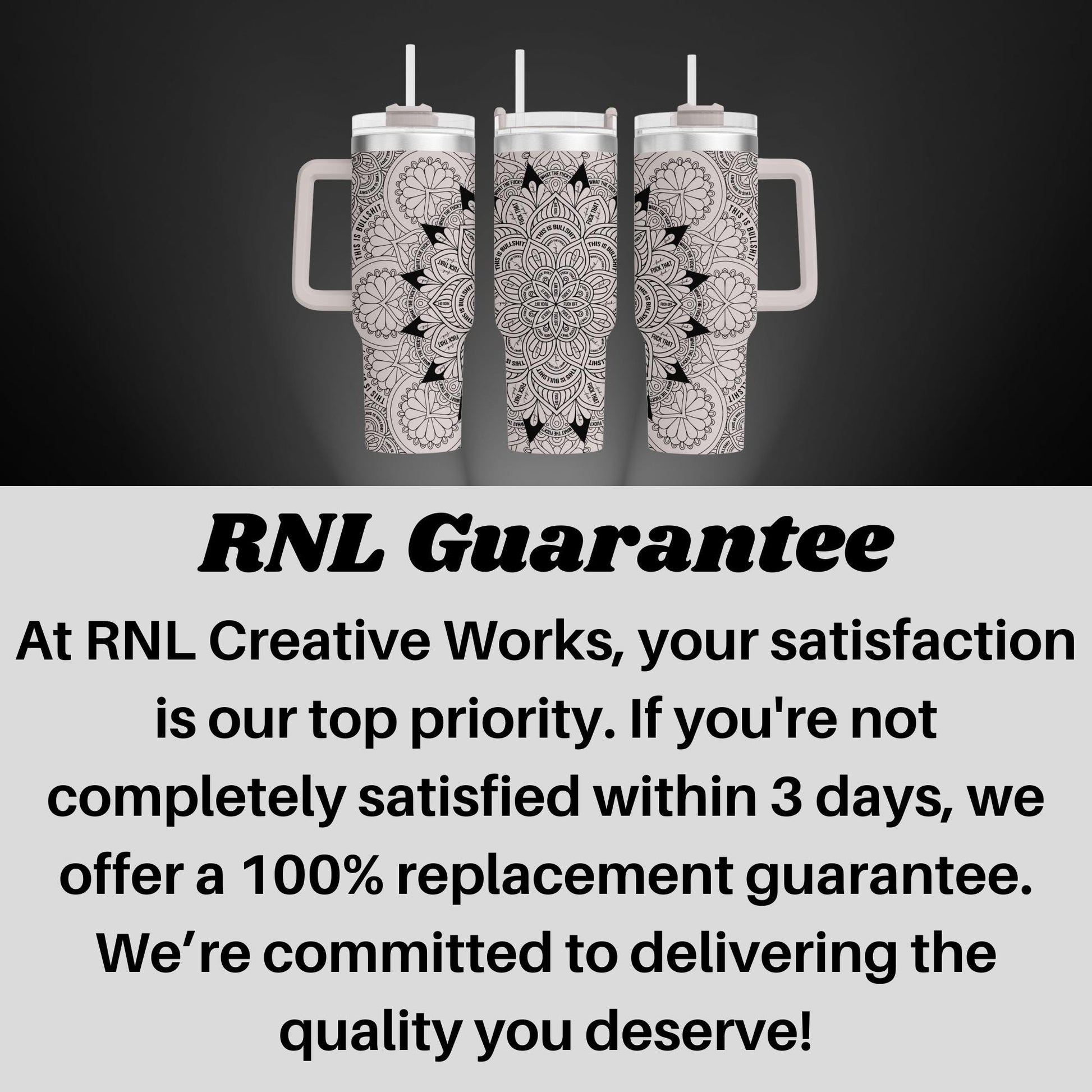 a black and white advertisement with three mugs