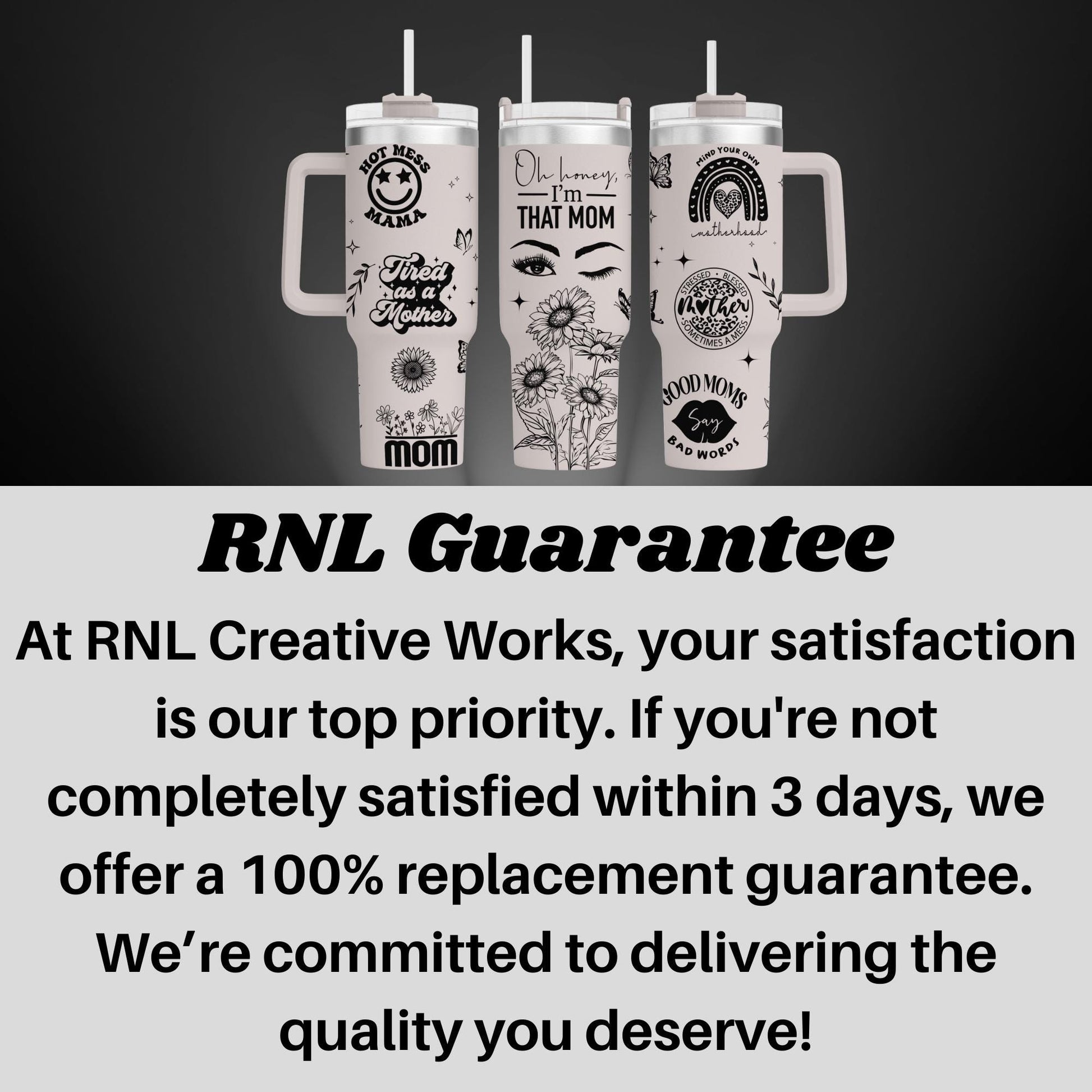 three white cups with black writing on them