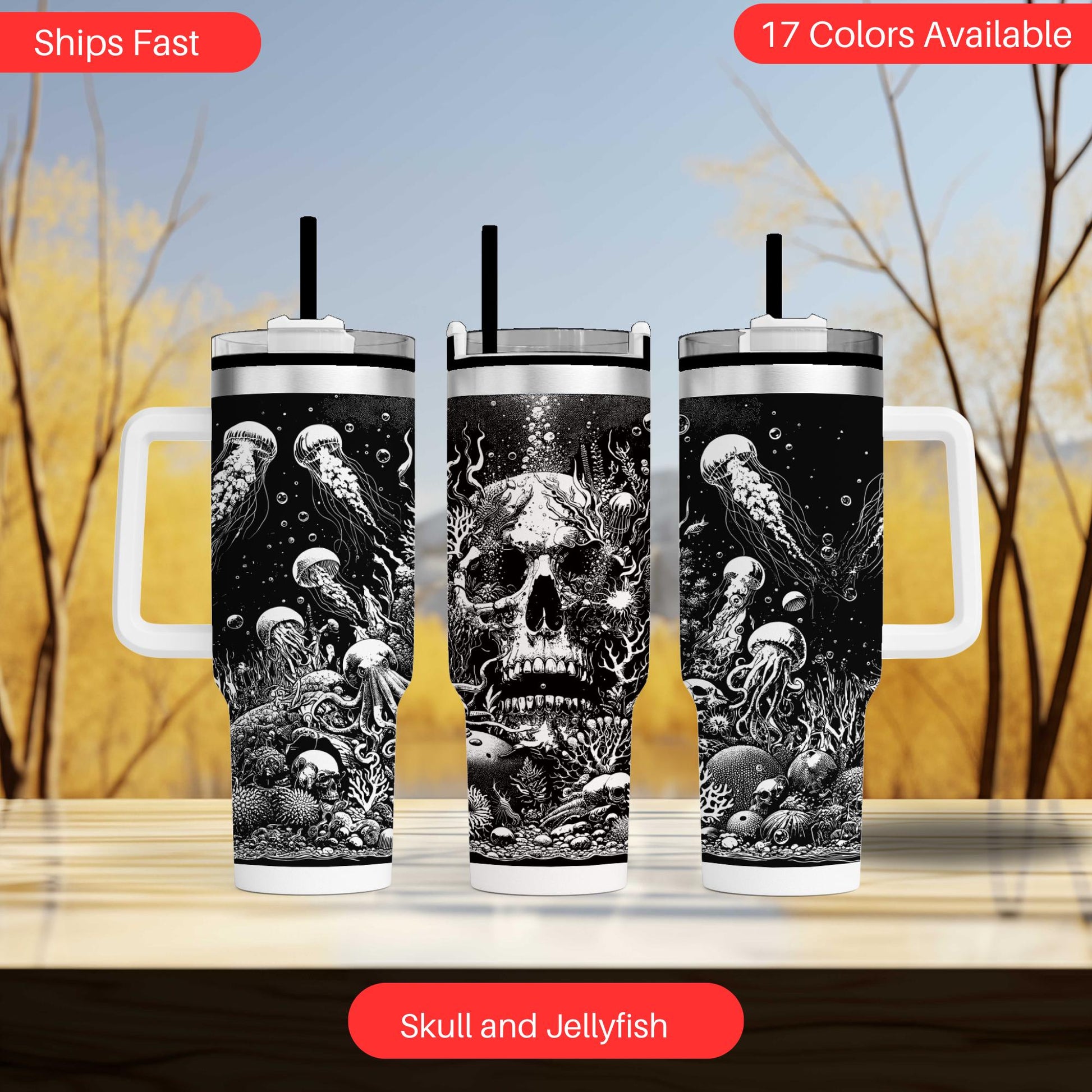 40oz engraved skull and jellyfish tumbler gift custom laser engraved spooky ocean drinkware sea creature cup for her creepy cute birthday present