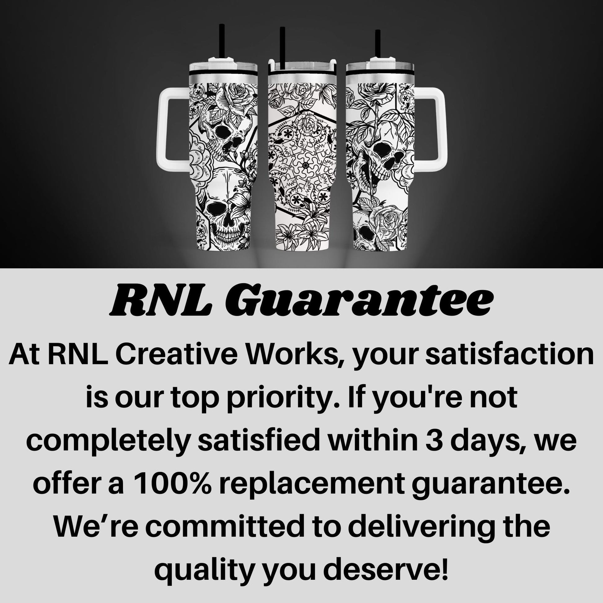 a black and white photo with a caption that says rnl guarantee