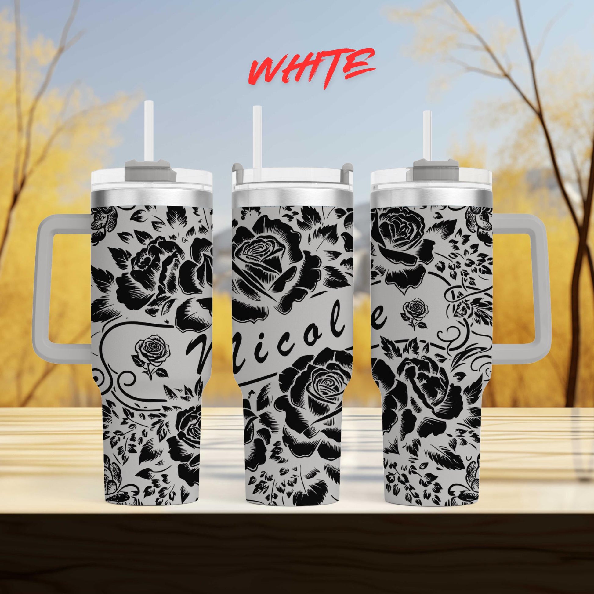 40oz personalized rose tumbler custom engraved stainless steel cup with floral and name design perfect gift for her or birthday present