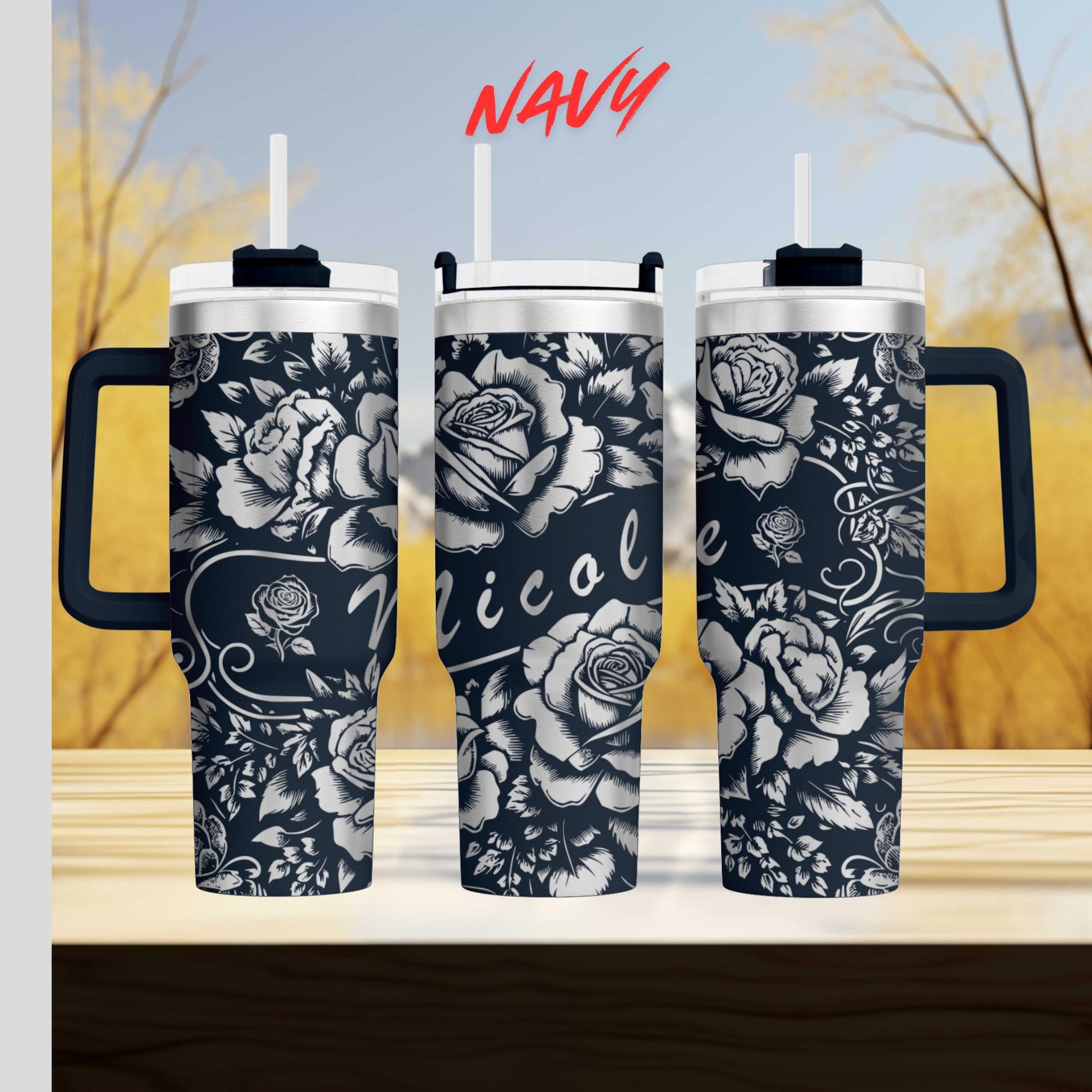 40oz personalized rose tumbler custom engraved stainless steel cup with floral and name design perfect gift for her or birthday present