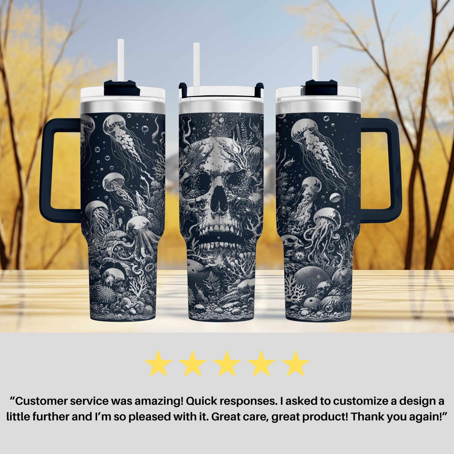 40oz engraved skull and jellyfish tumbler gift custom laser engraved spooky ocean drinkware sea creature cup for her creepy cute birthday present