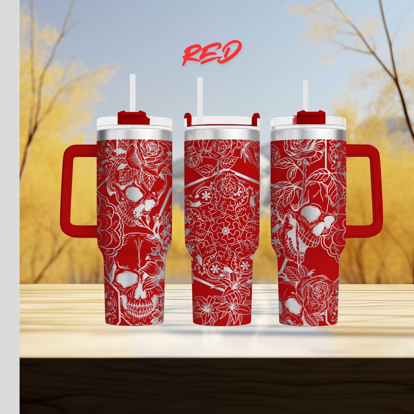 three red coffee mugs sitting on top of a wooden table