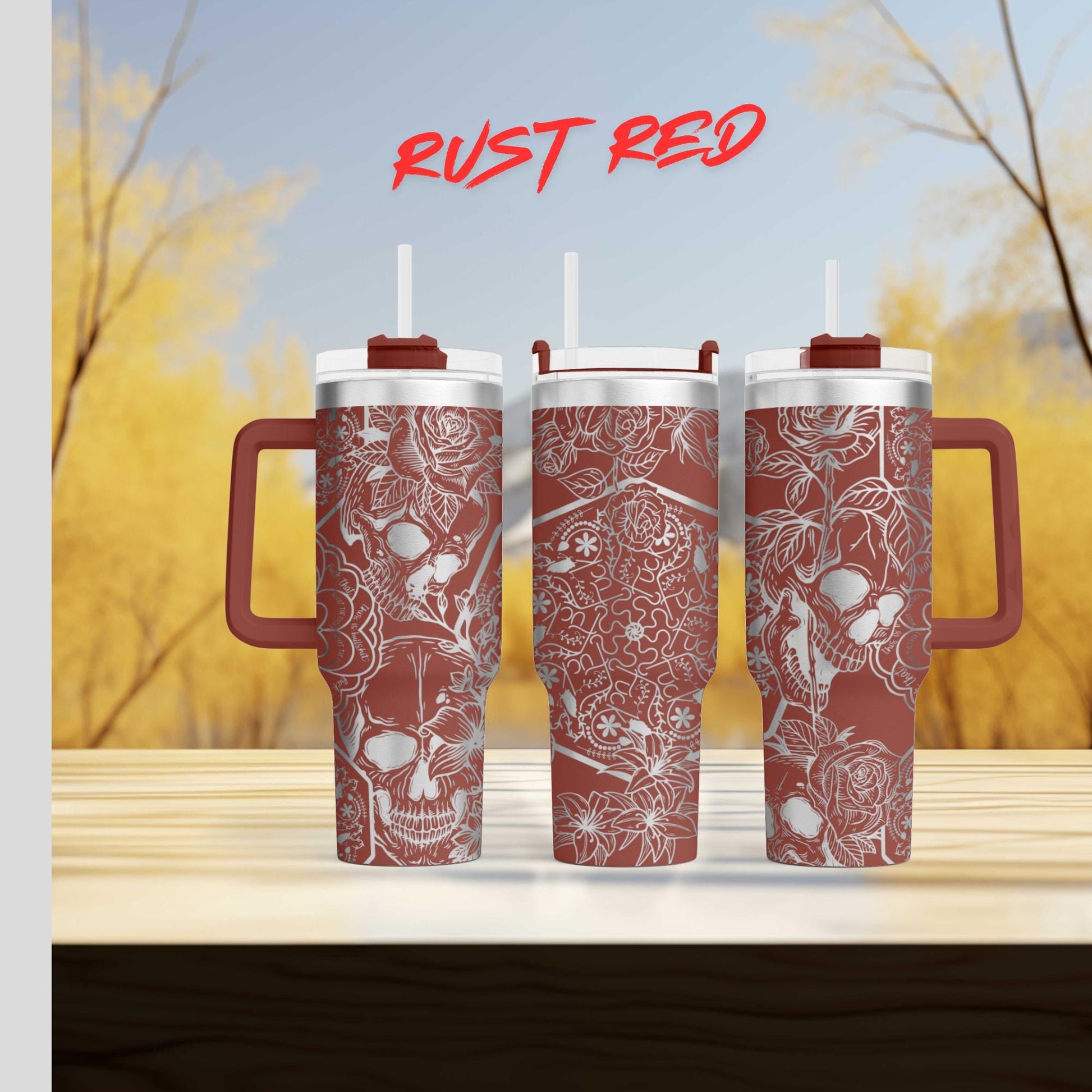 three red coffee mugs sitting on top of a wooden table