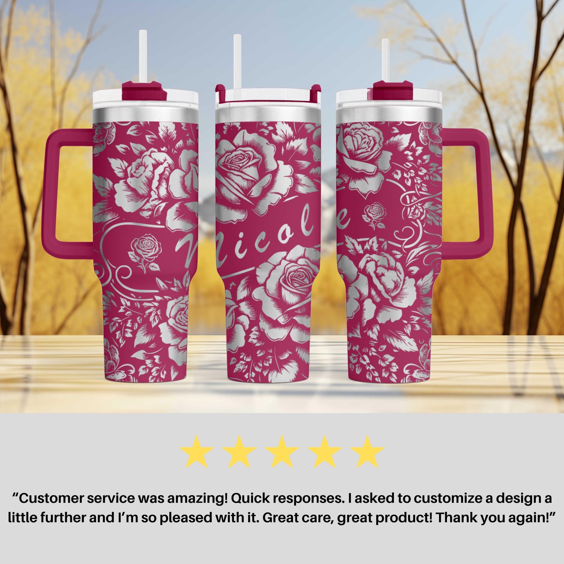 40oz personalized rose tumbler custom engraved stainless steel cup with floral and name design perfect gift for her or birthday present