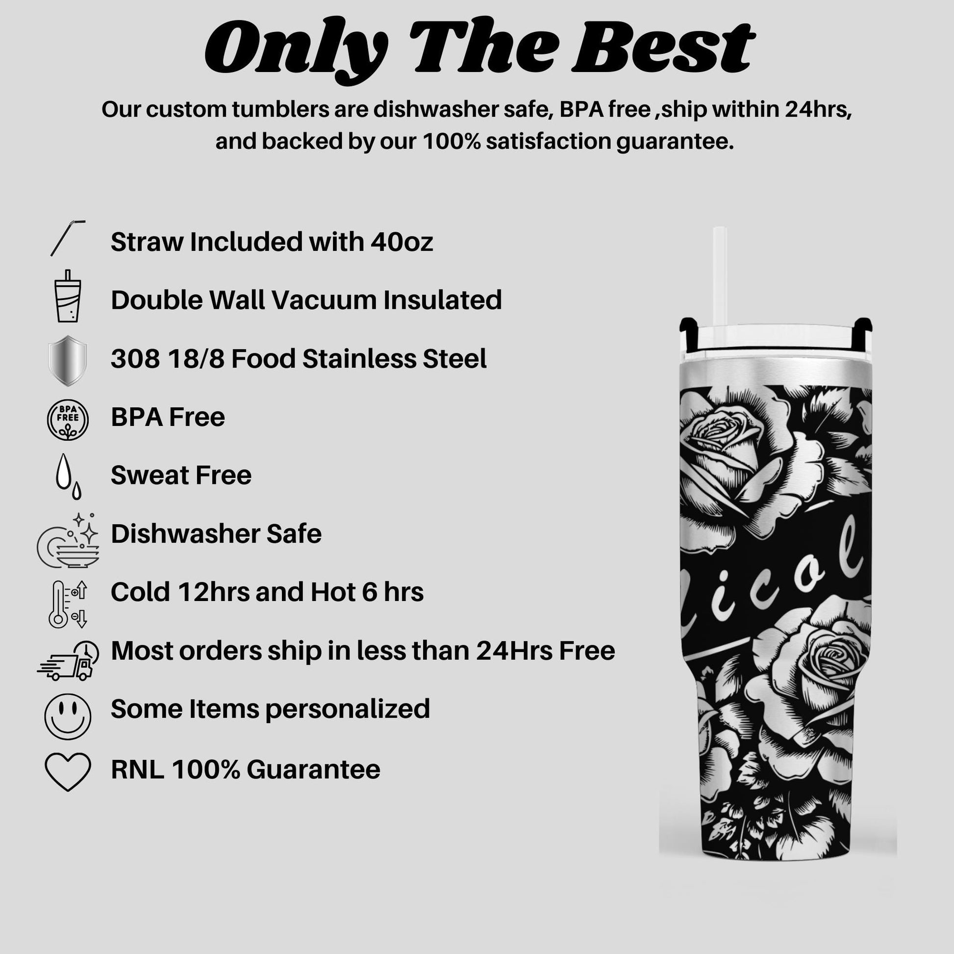40oz personalized rose tumbler custom engraved stainless steel cup with floral and name design perfect gift for her or birthday present
