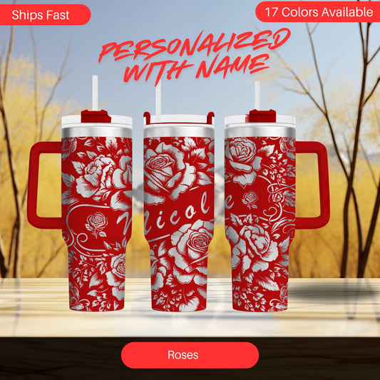 40oz personalized rose tumbler custom engraved stainless steel cup with floral and name design perfect gift for her or birthday present