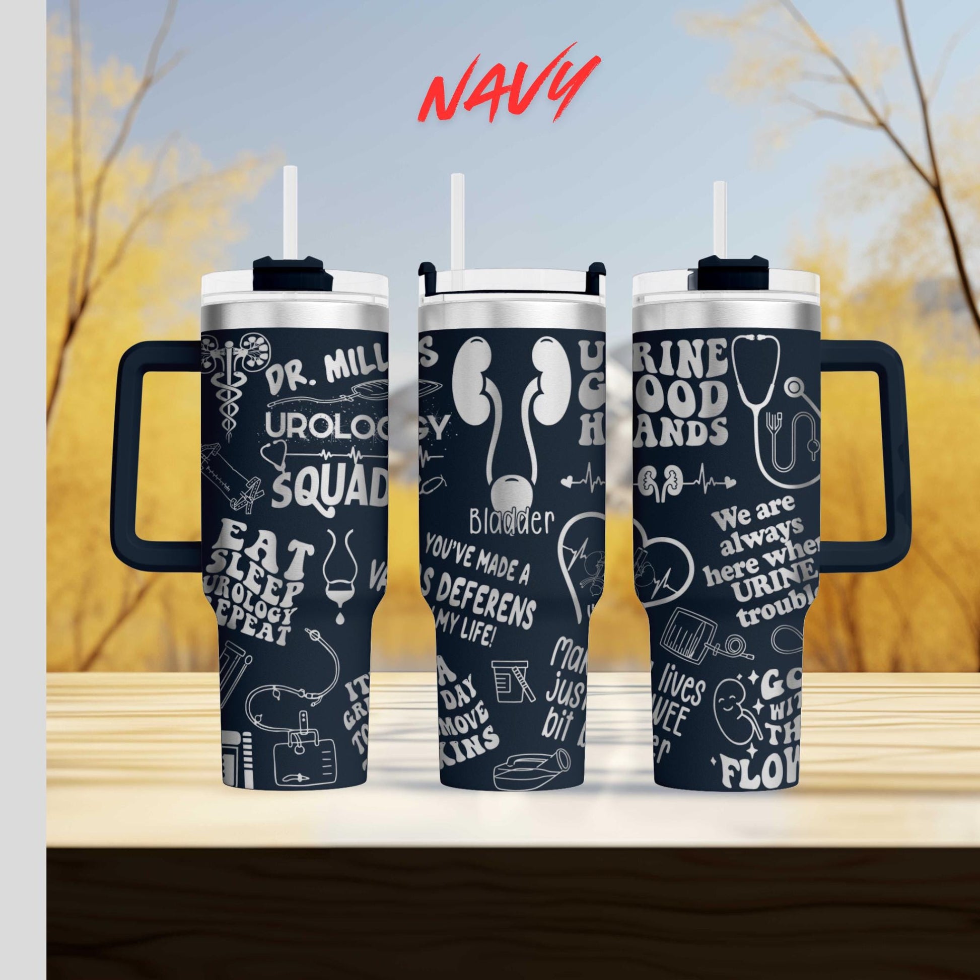 three travel mugs sitting on top of a wooden table