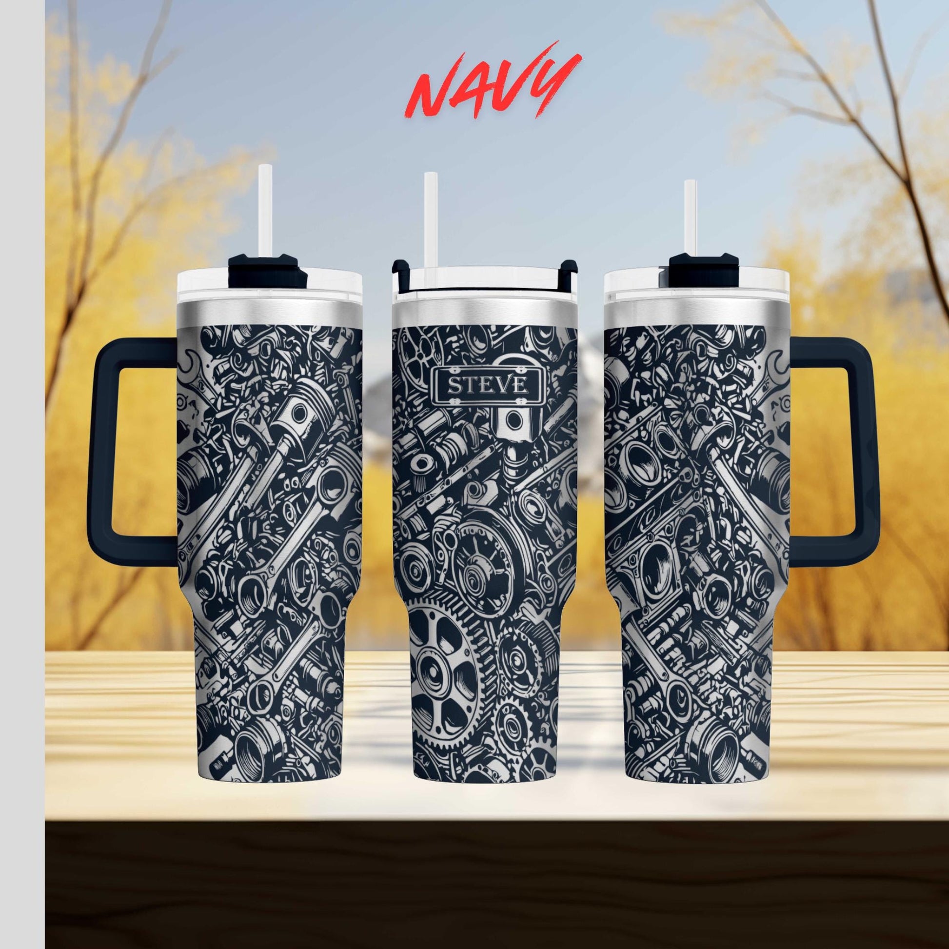 three travel mugs sitting on top of a wooden table