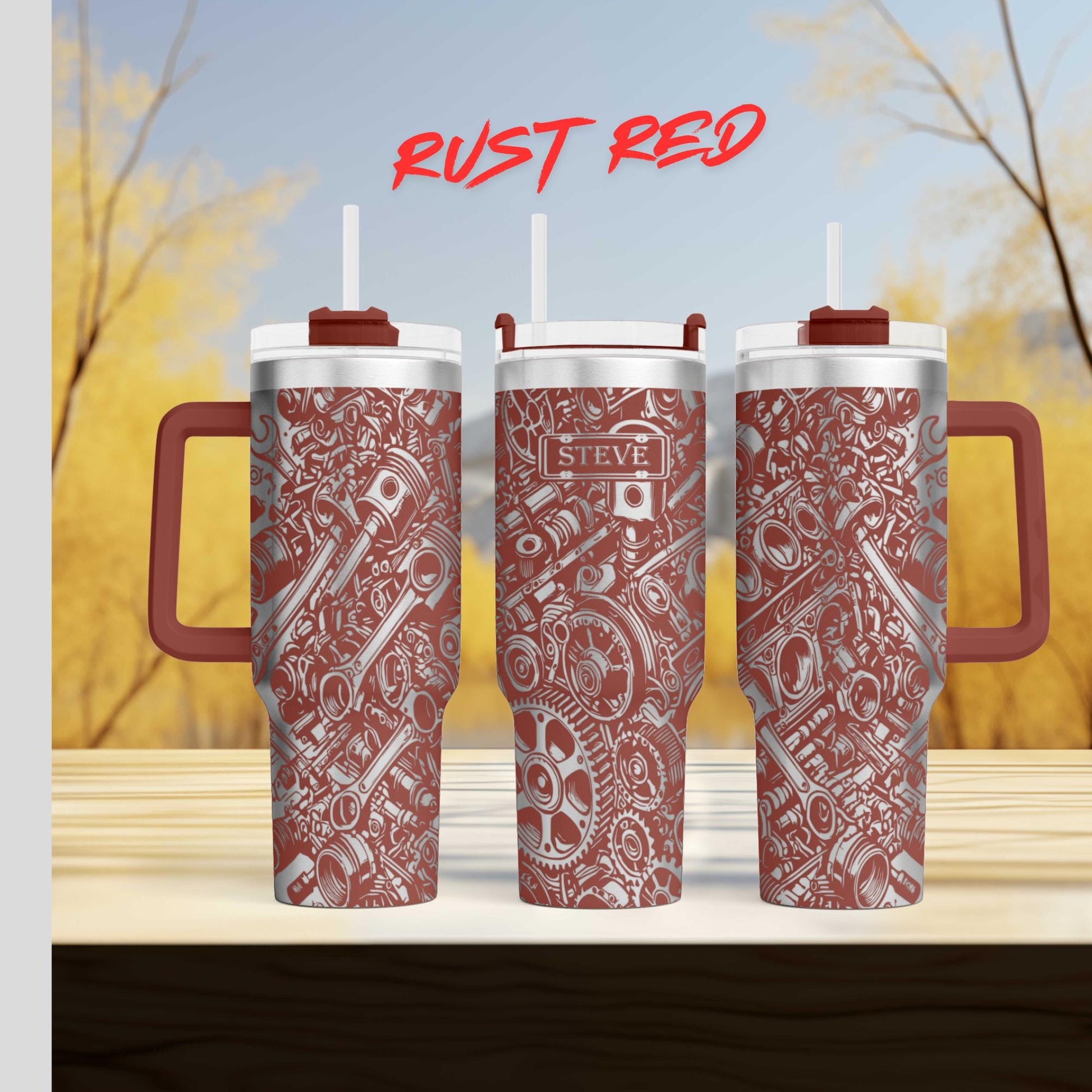 three red coffee mugs sitting on top of a wooden table