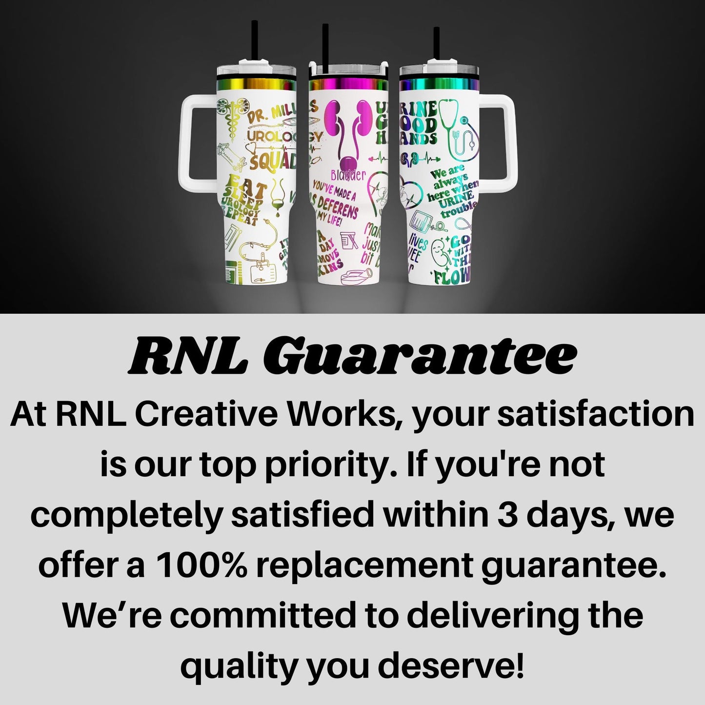 three travel mugs with the words rni guarantee