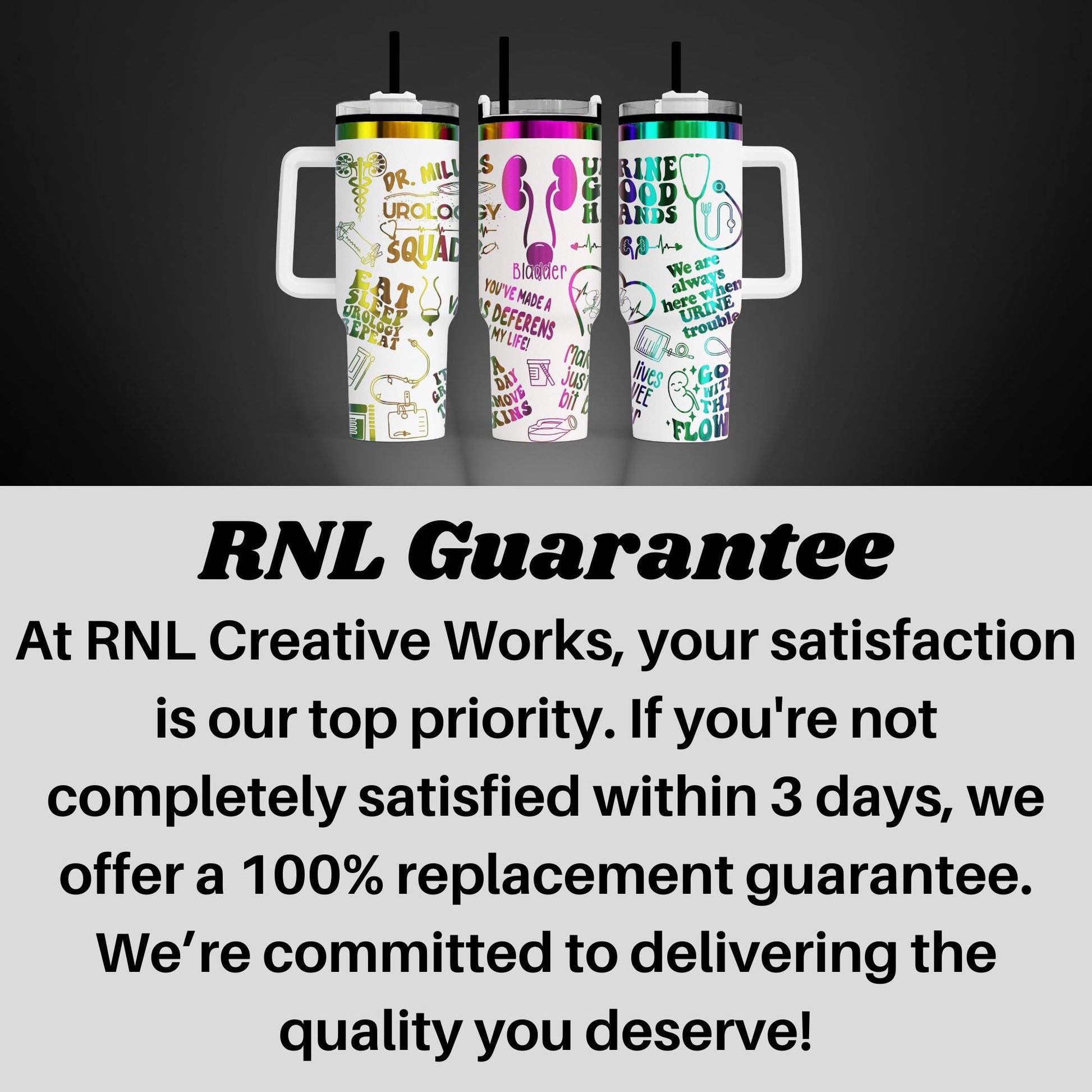 three travel mugs with the words rni guarantee