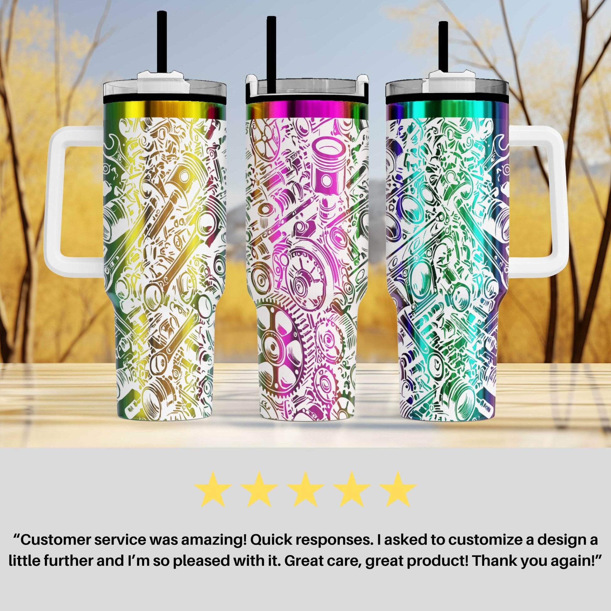 a group of three travel mugs sitting on top of a table