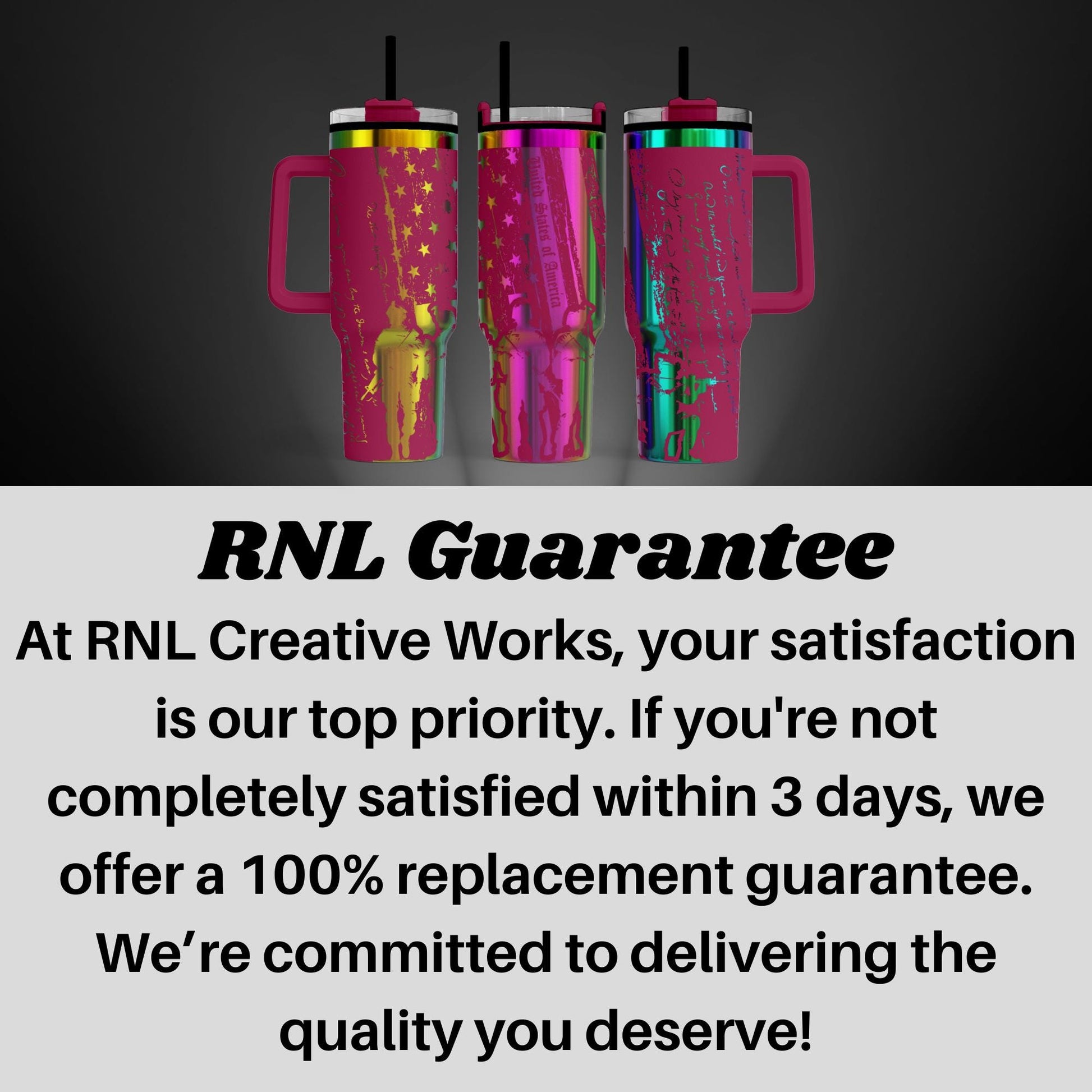 a picture of three different colored cups with the words rni guarantee