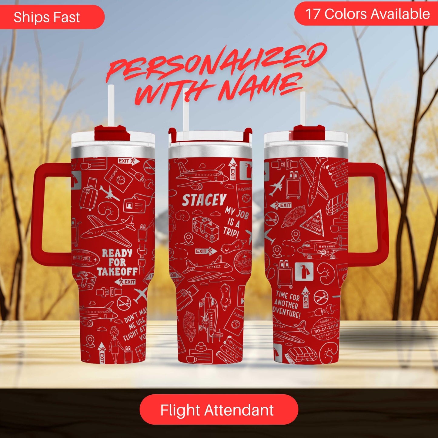 three red travel mugs with personalized names and various travel-related icons printed on them.