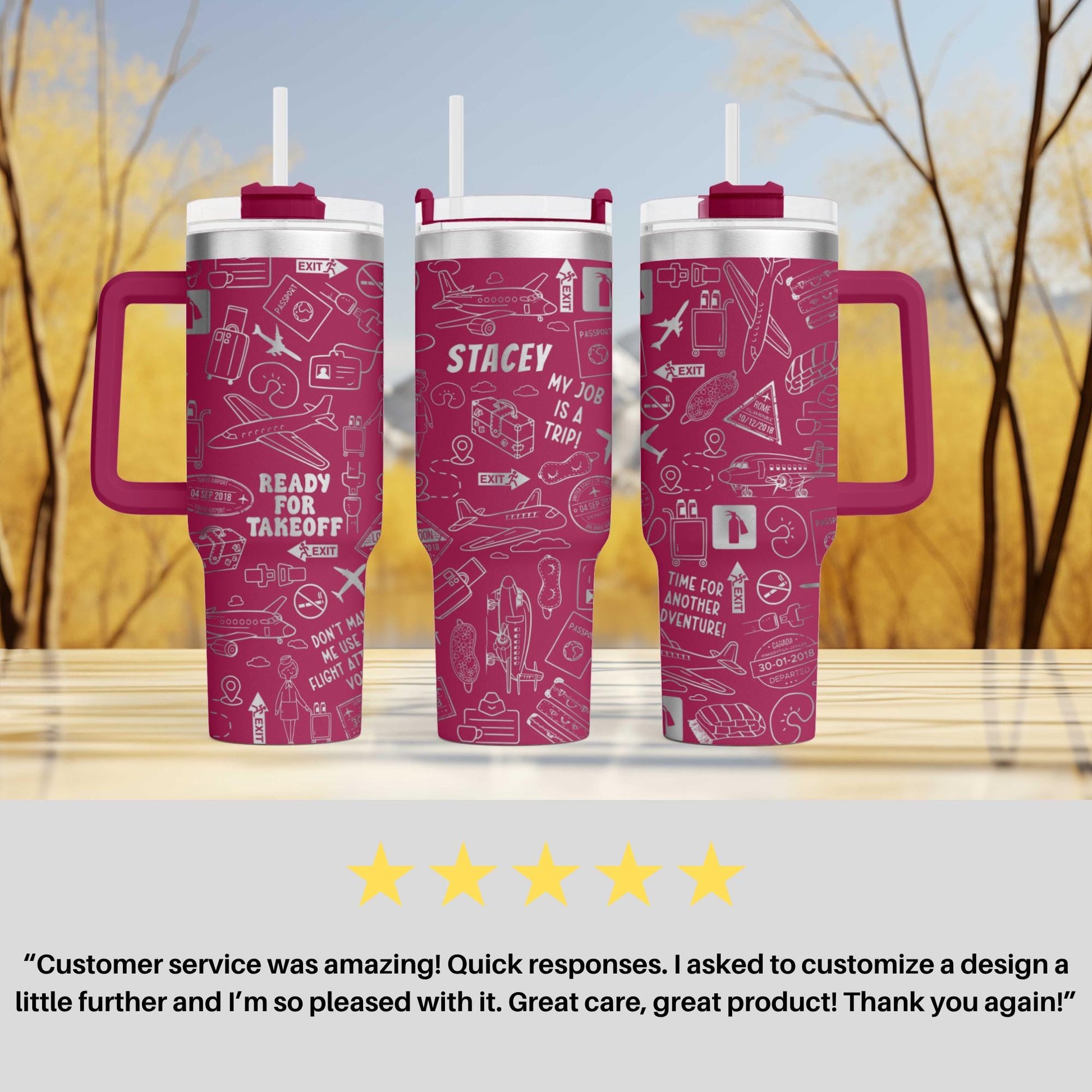 three pink tumblers with various airplane and travel-related designs printed on them. The tumblers have a handle and a straw, and there is a rating and a customer review below the image.